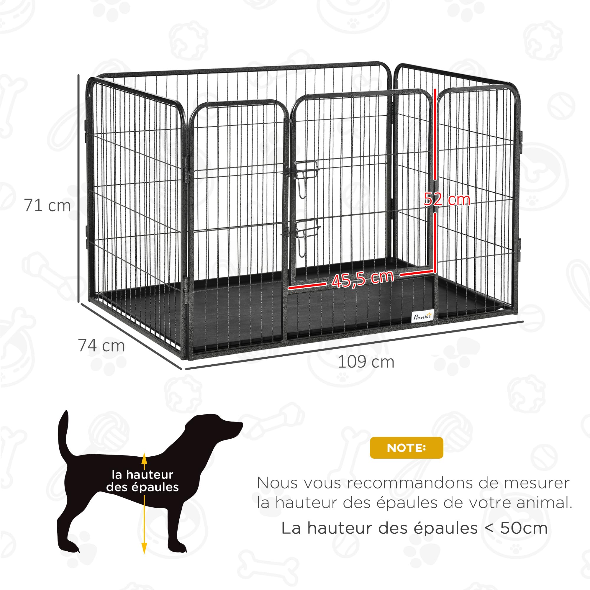 PawHut Parc pour Chien 4 Panneaux Métal Grillagé avec Fond Porte Verrouillable 109x74x71 cm