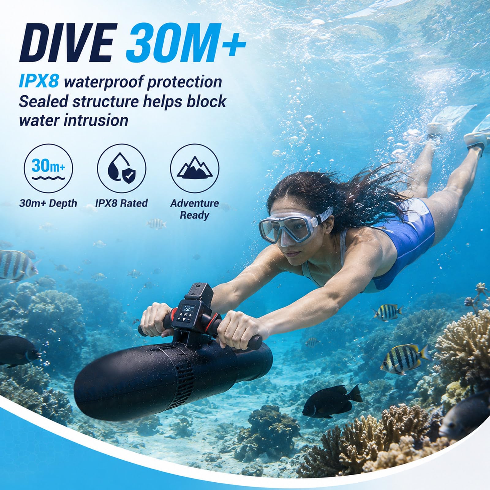 Scooter Submarino con Controlador Doble Modo y Asa de Buceo Ajustable, Profundidad 30M, Scooter Marino para Snorkel, Entrenamiento en Piscina, Tablas de SUP y Aventuras en Aguas Tranquilas 700W