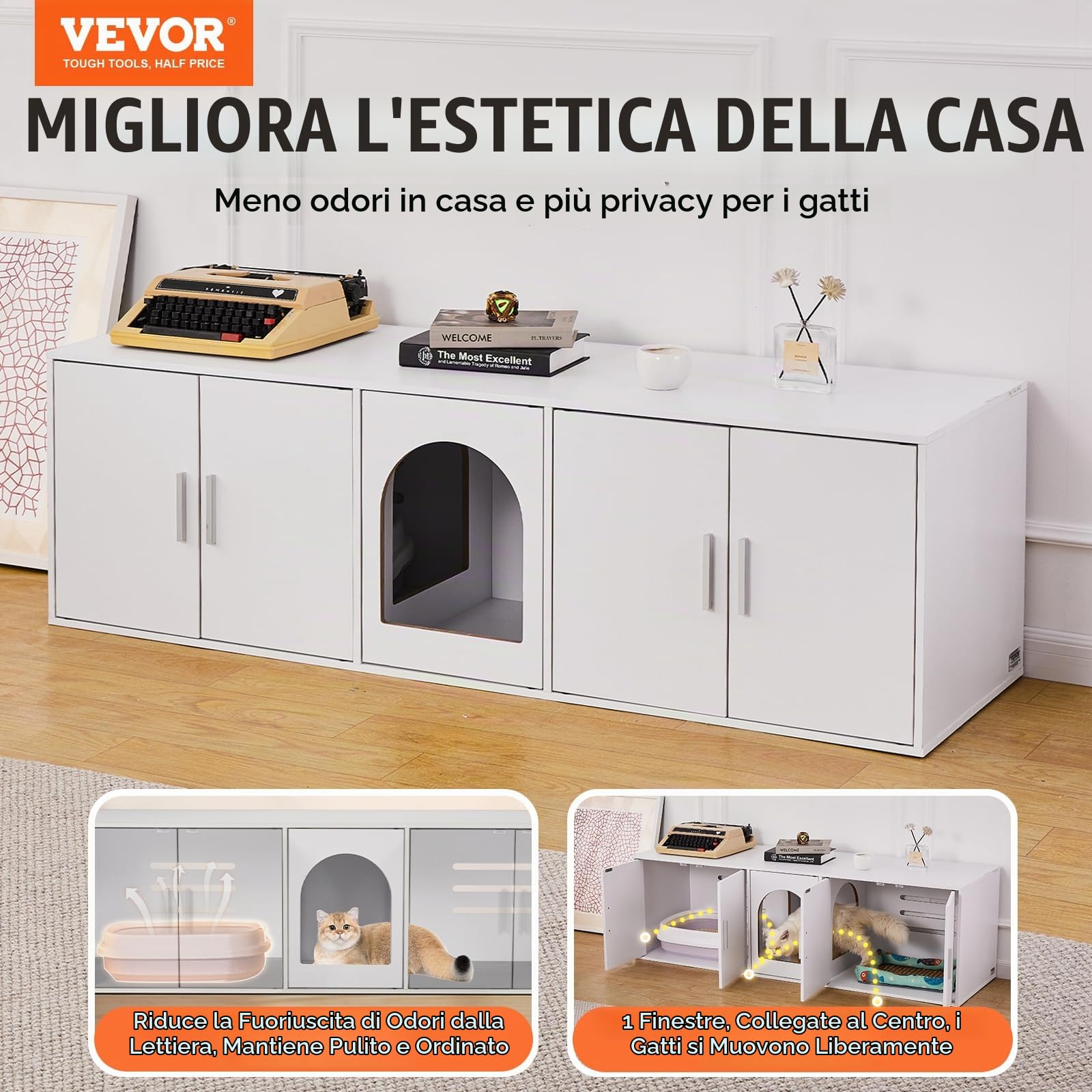 VEVOR Copertura per Lettiera per 2 Gatti, Toilette con Camere Doppie, Armadietto in Legno, Mobiletto per Soggiorno Copri Lettiera 1,47x0,46x0,45 m, Bianco