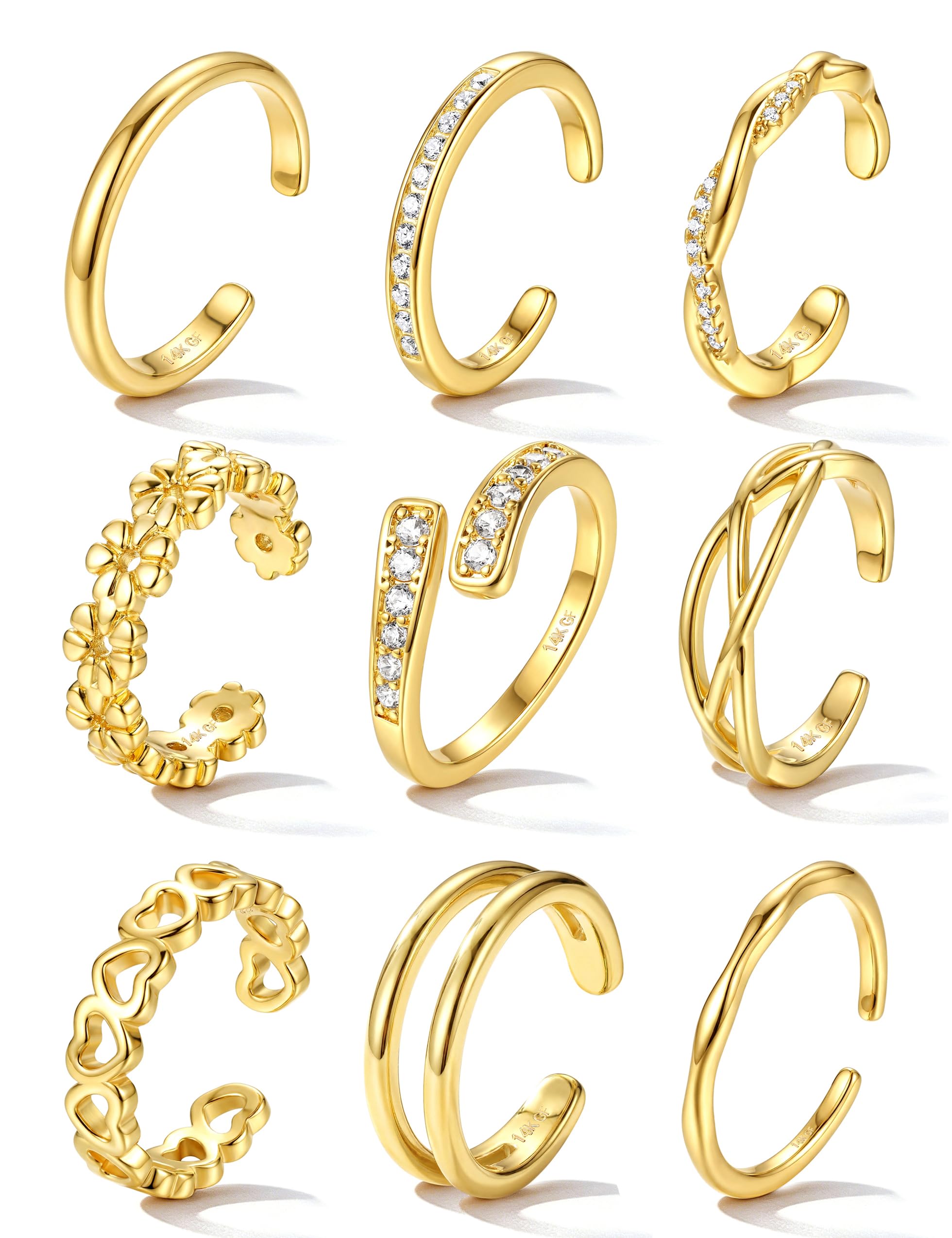 JeweBella 9 Pezzi Anelli Piedi Donna Ragazze Regolabile Set Anello Piede Impermeabile Anello Mignolo Carino Semplice Fiore Cuore Minimalista Toe Anelli Estate Spiaggia Gioielli Oro Argento