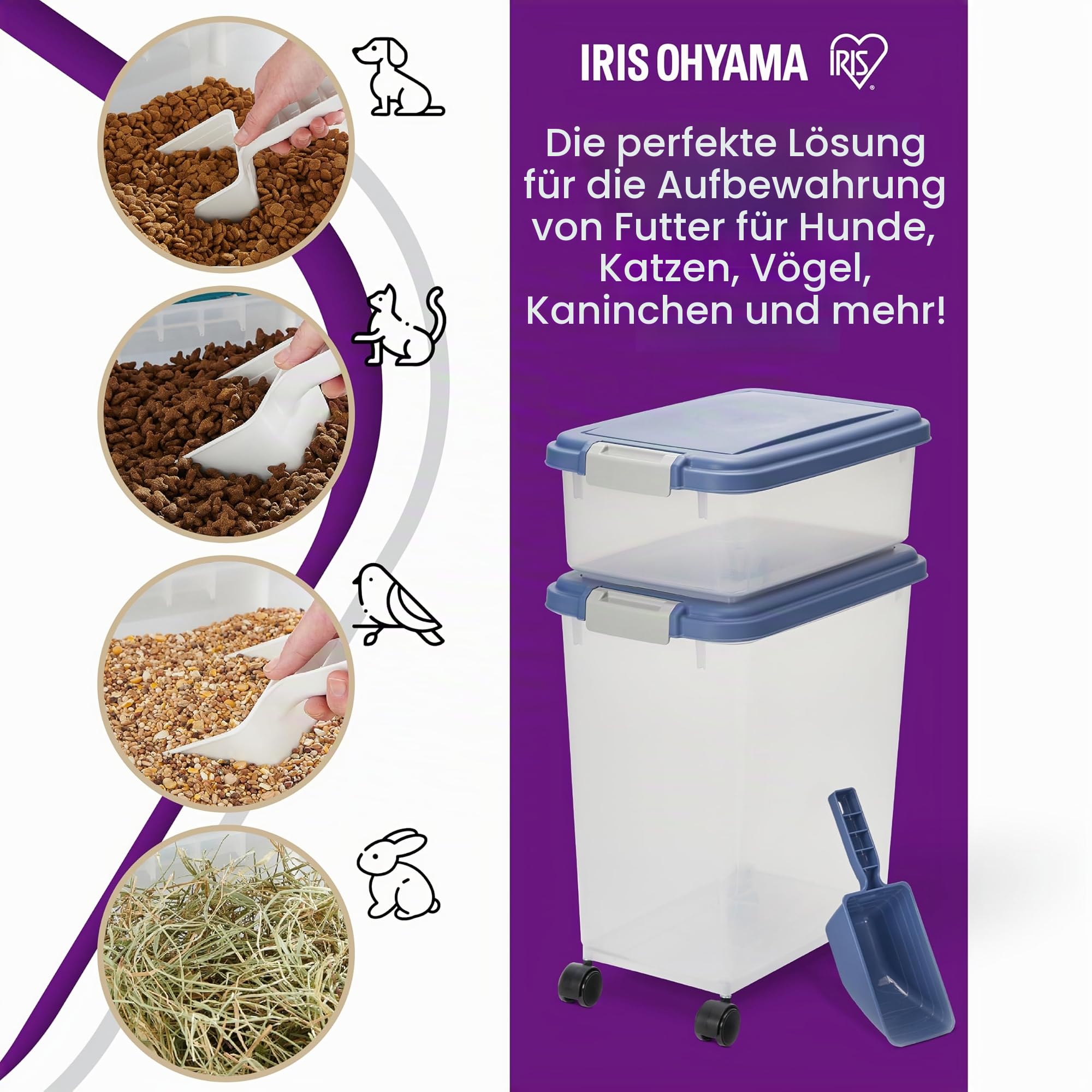 Iris Ohyama Katzenfutter Aufbewahrung mit Rollen, 30L+10L, Blau, Luftdichte Futterbox, Trockenfutter, Futterbehälter, Für Hunde, Katzen, Tierfutterbehälter, Schaufel, BPA-frei, Futtertonne, MP-8&MP-1