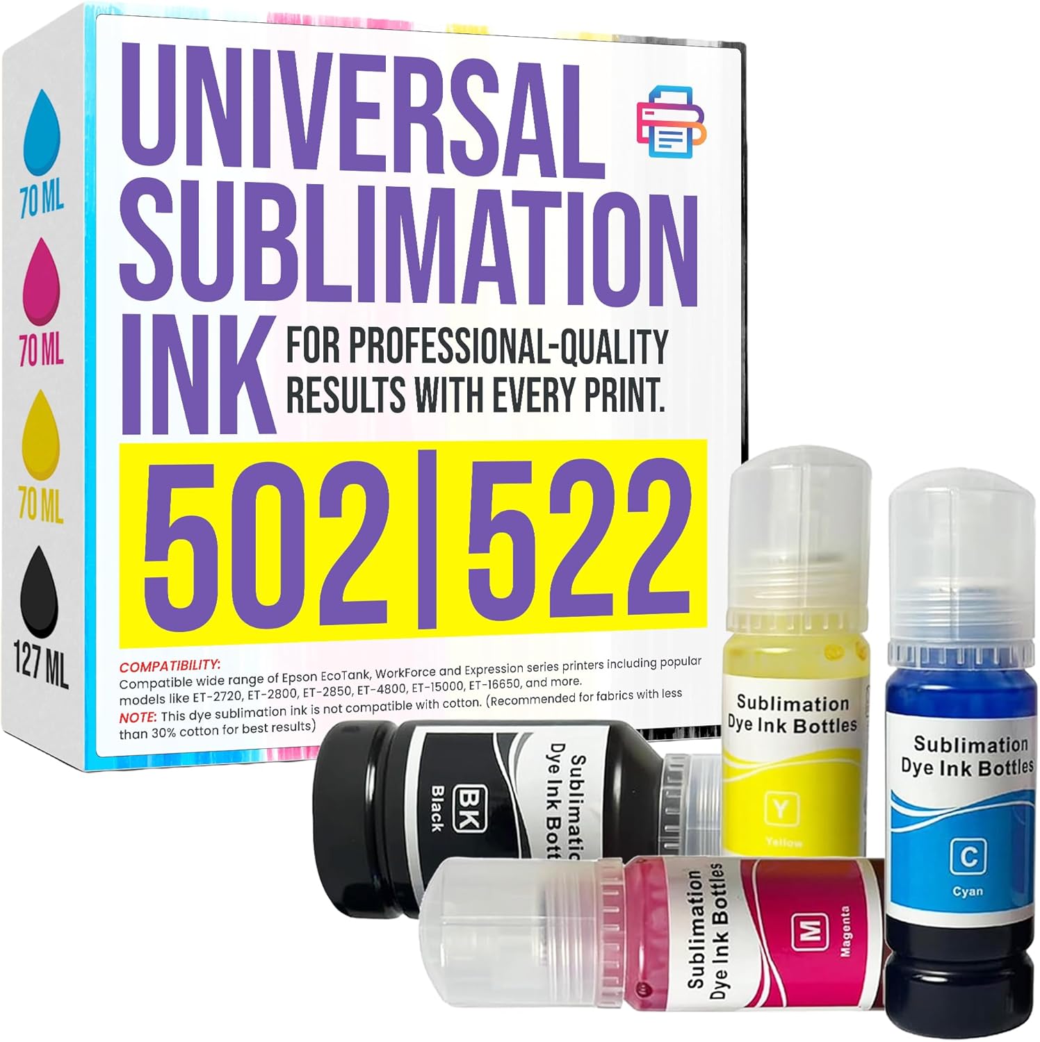 Sublimation Ink Universal for 502, 522 (BK) 127ml & (CMY) 70ml for All Dye Based Ink Models ET-2800 ET-2700 ET-2750 ET-4800 ET-2400 Heat Press Transfer on Mugs, T-Shirts, Anti-UV ICC-Free