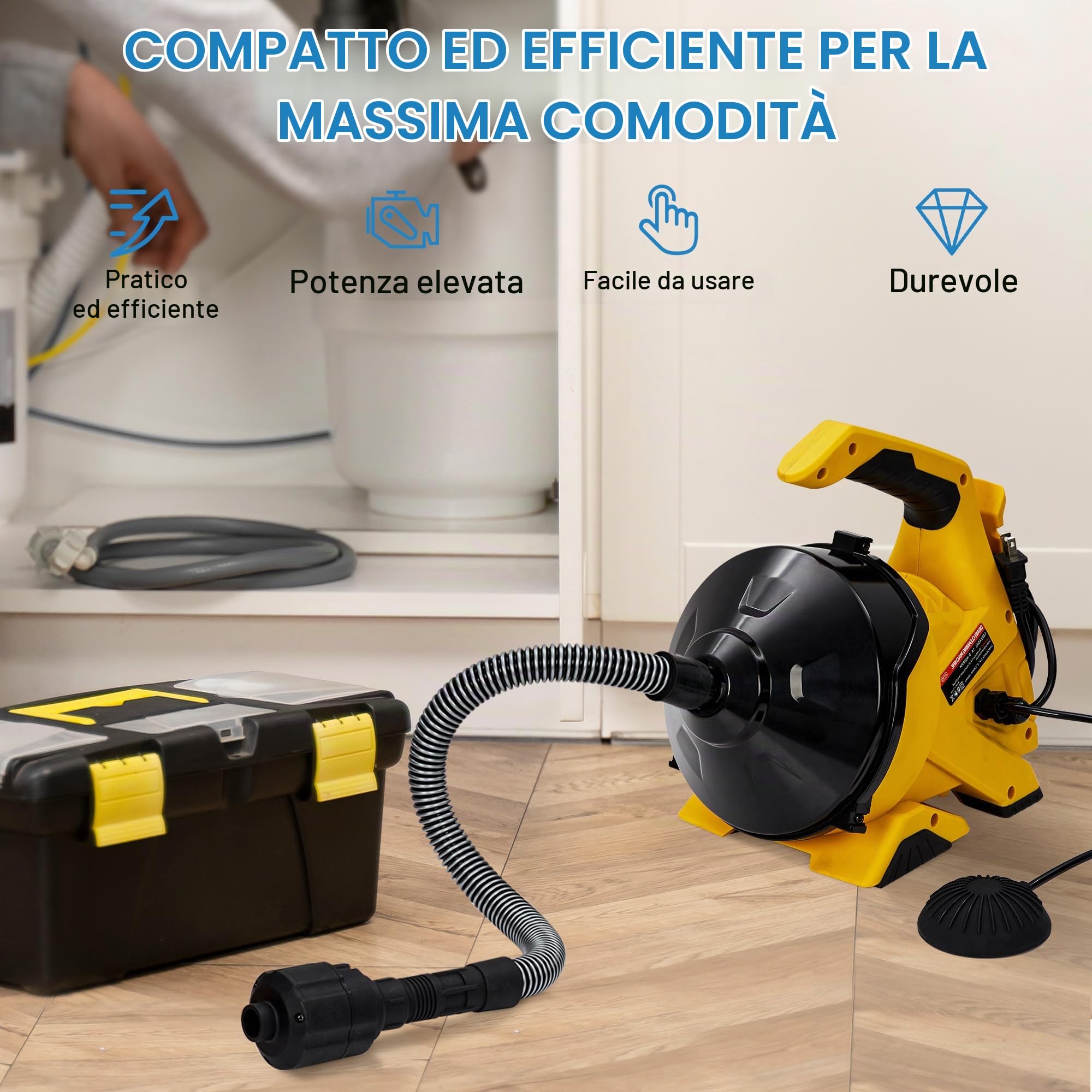 Sturatore Elettrico Professionale per Tubi, 9m/30Ft Cavo Rinforzato, Pedale di Comando, Ideale per Scarichi da 3/4" a 2", Perfetto per Lavandini, WC, Docce, Scarichi a Pavimento