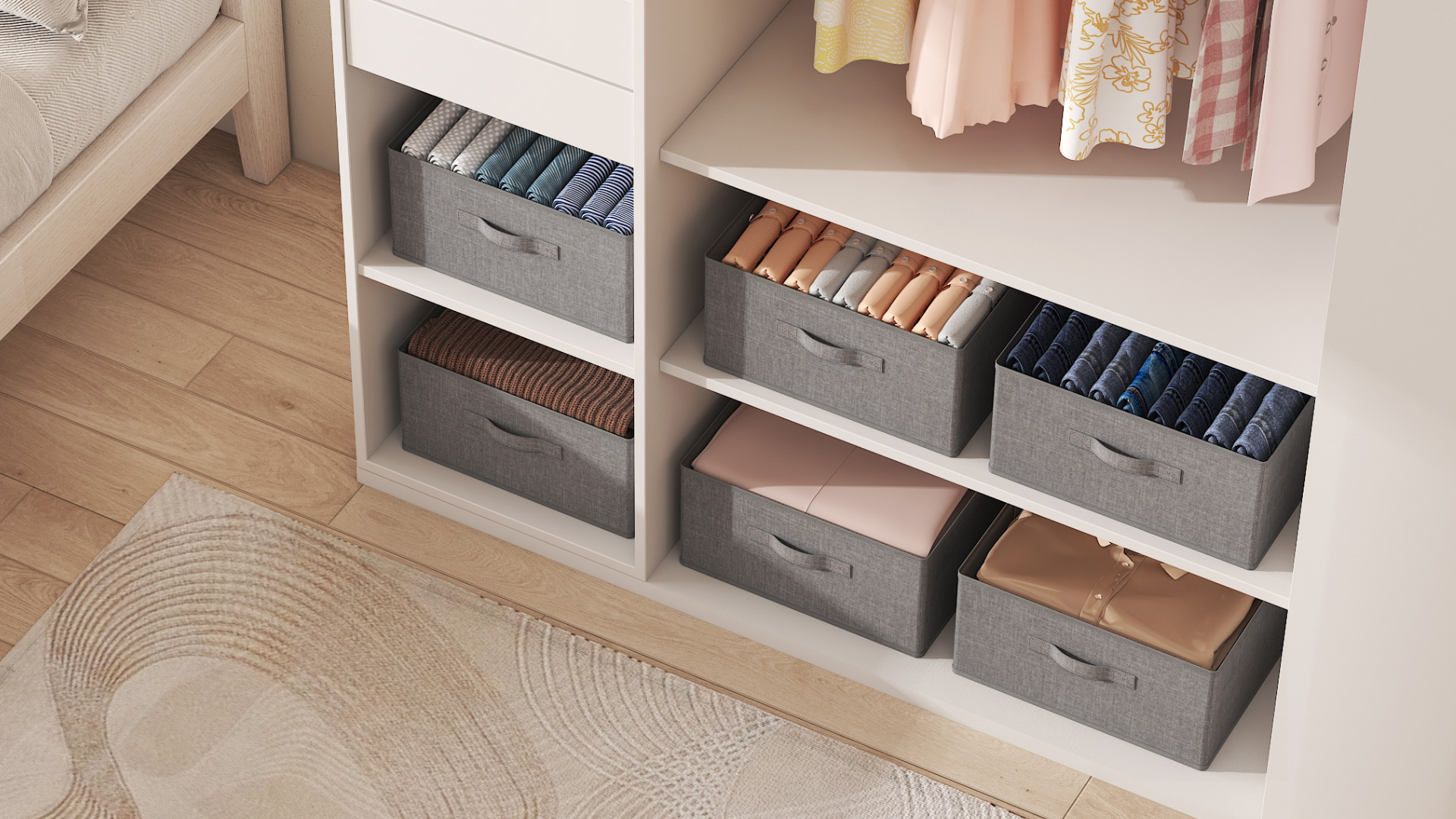 YheenLf Kledingopbergbakken, kastbak met handgrepen, opvouwbare opbergmanden, stoffen containers opbergdozen voor het organiseren van planken, wit en grijs, 4-pack, groot, 41×25×16.5cm