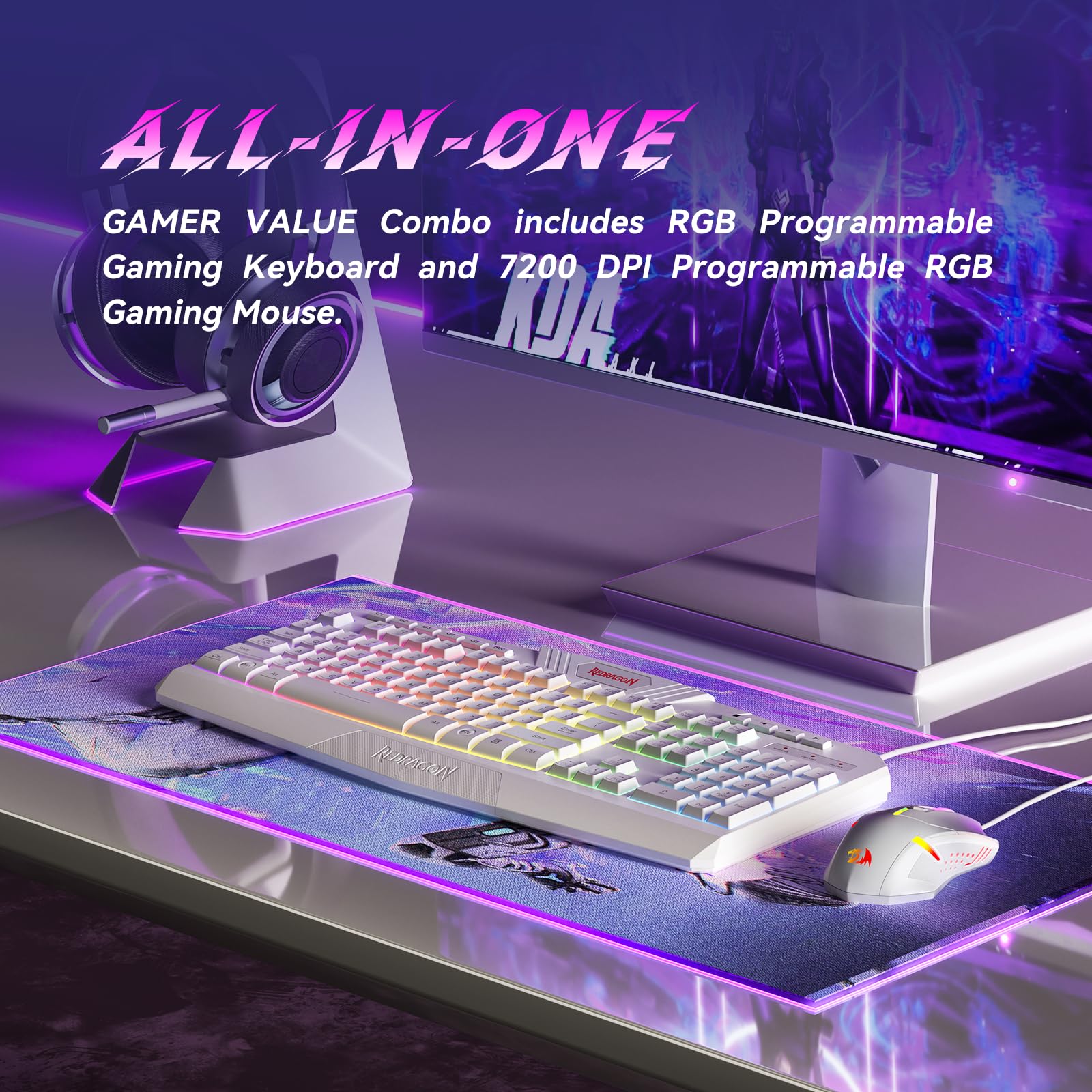 Redragon Updated Programmable Gaming Keyboard and Mouse, RGB Backlit Keyboard Mouse with Software, Independent Macro Record Keys, Value Combo Set, White - S101-3 PRO view 2