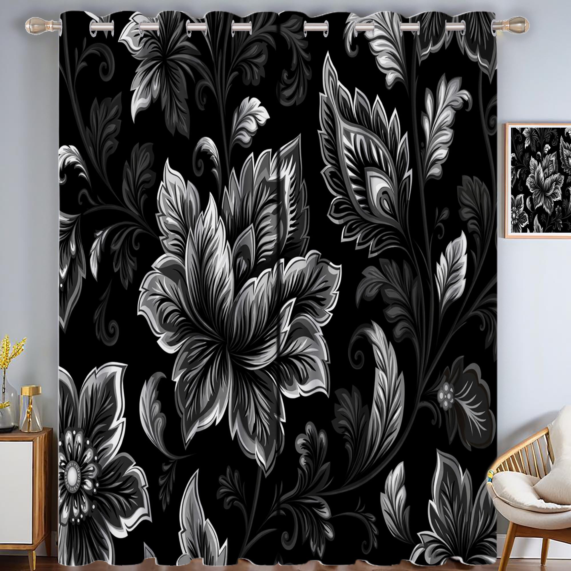 Rideaux Anti Froid pour Bloquer les Courants d'Air | Rideau Occultant Floral Noir à Oeillets