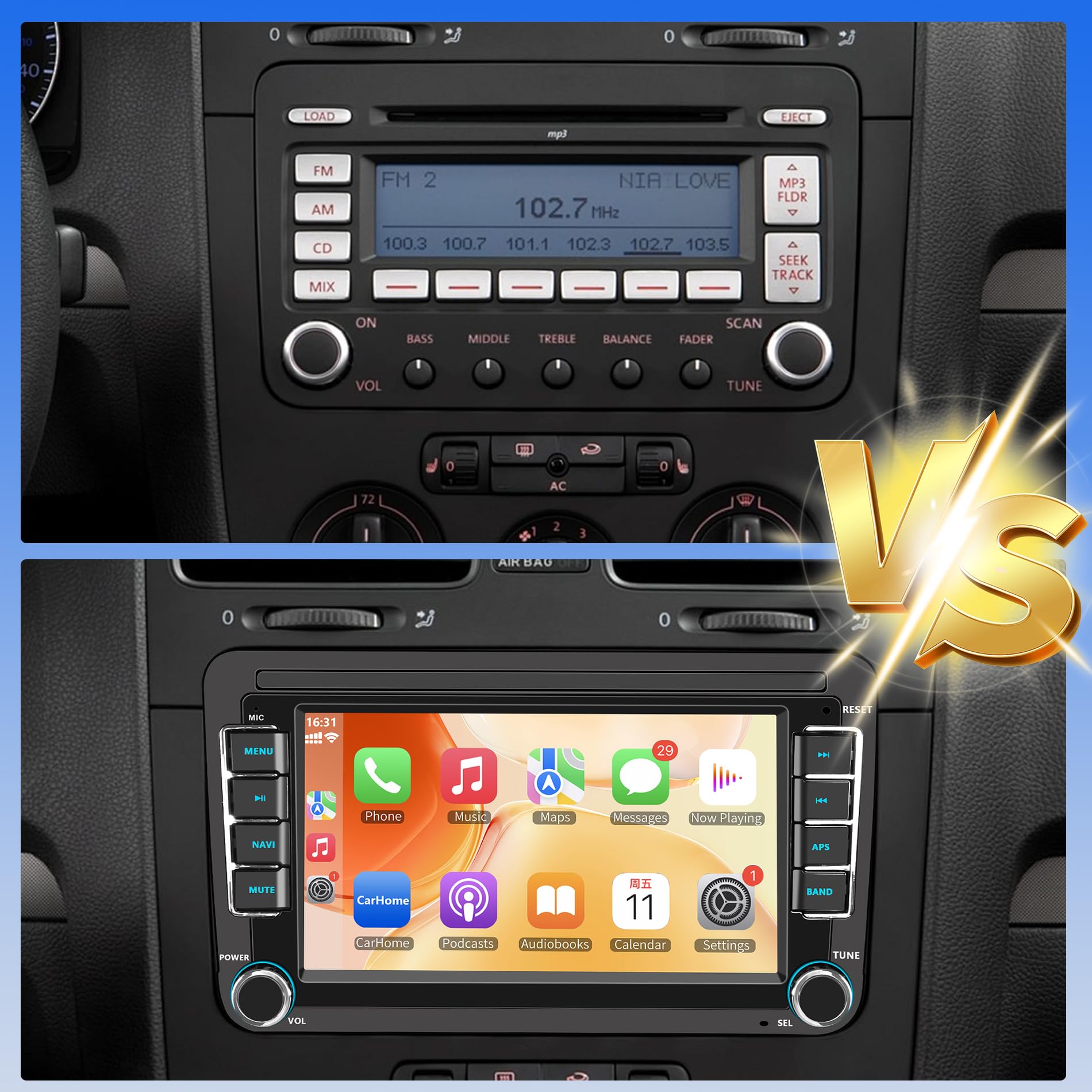 Radio carplay pour Pantalla Volkswagen VW Golf 5/6 Polo Passat Jetta Caddy EOS T5 Tiguan Touran CC con Wireless Carplay Android Auto 7 Écran IPS con Bluetooth/FM/RDS Radio/USB/SWC/Plug & Play/GPS