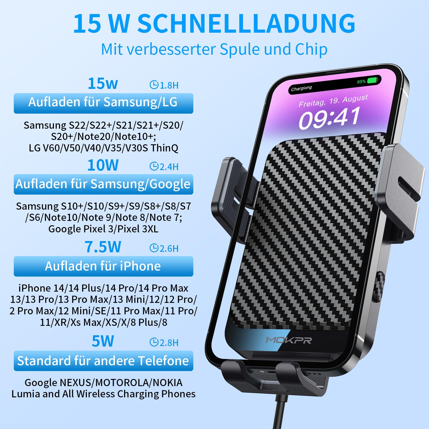 MOKPR 15 W Caricatore Ricarica Wireless Auto, Supporto Cellulare Auto Wireless con Auto-Bloccaggio con Clip per Prese d'aria/Pannello Strumenti per iPhone 16/15/14/13/12, Samsung Huawei Xiaomi