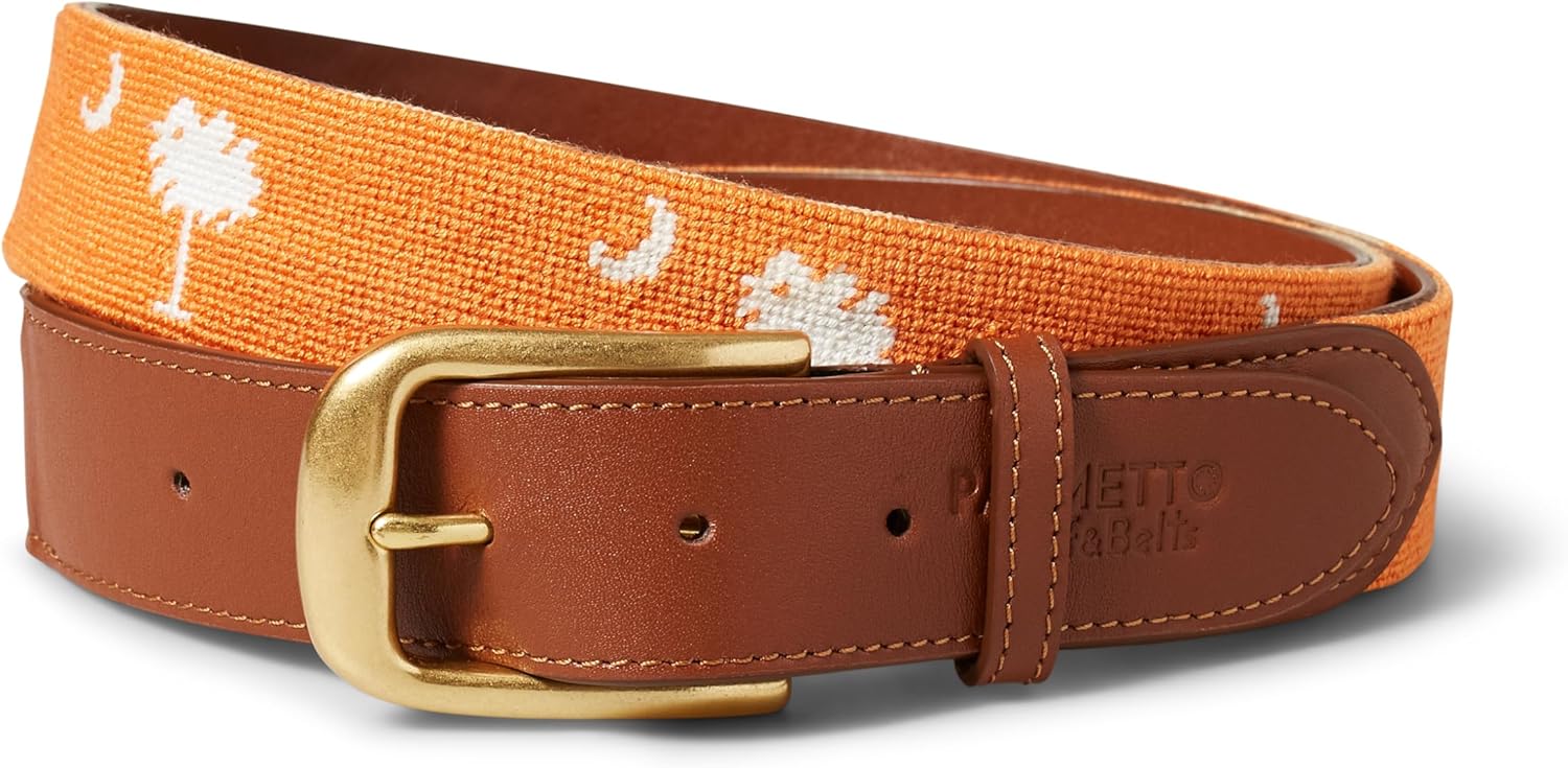 Palmetto Golf & Belts, Handmade Palmetto Tree Needlepoint Golf Belt, Orange Clemson backdrop with White Palmetto Tree,