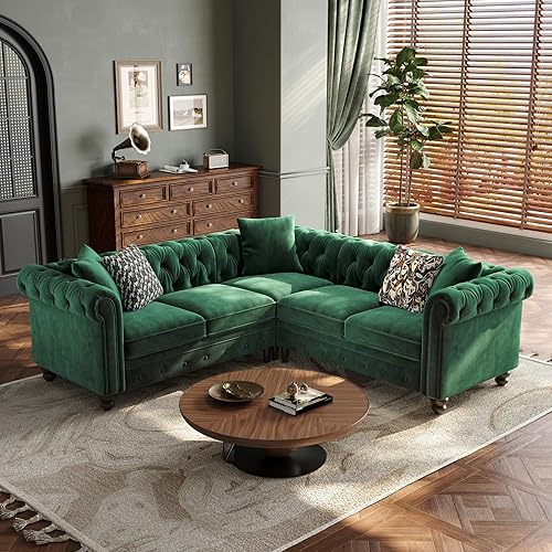 ONBRILL Velvet Chesterfield Sofa, L Shaped Sectional Sofa with Tufted Back & Rolled Arms, 3 Throw Pillows, Small Corner Sectional Couch for Living Room, Apartment, Green | Velvet Fabric