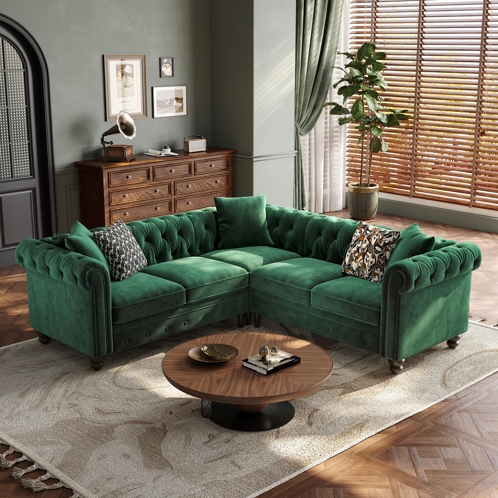 Velvet Chesterfield Sofa, L Shaped Sectional Sofa with Tufted Back & Rolled Arms, 3 Throw Pillows, Small Corner Sectional Couch for Living Room, Apartment, Green