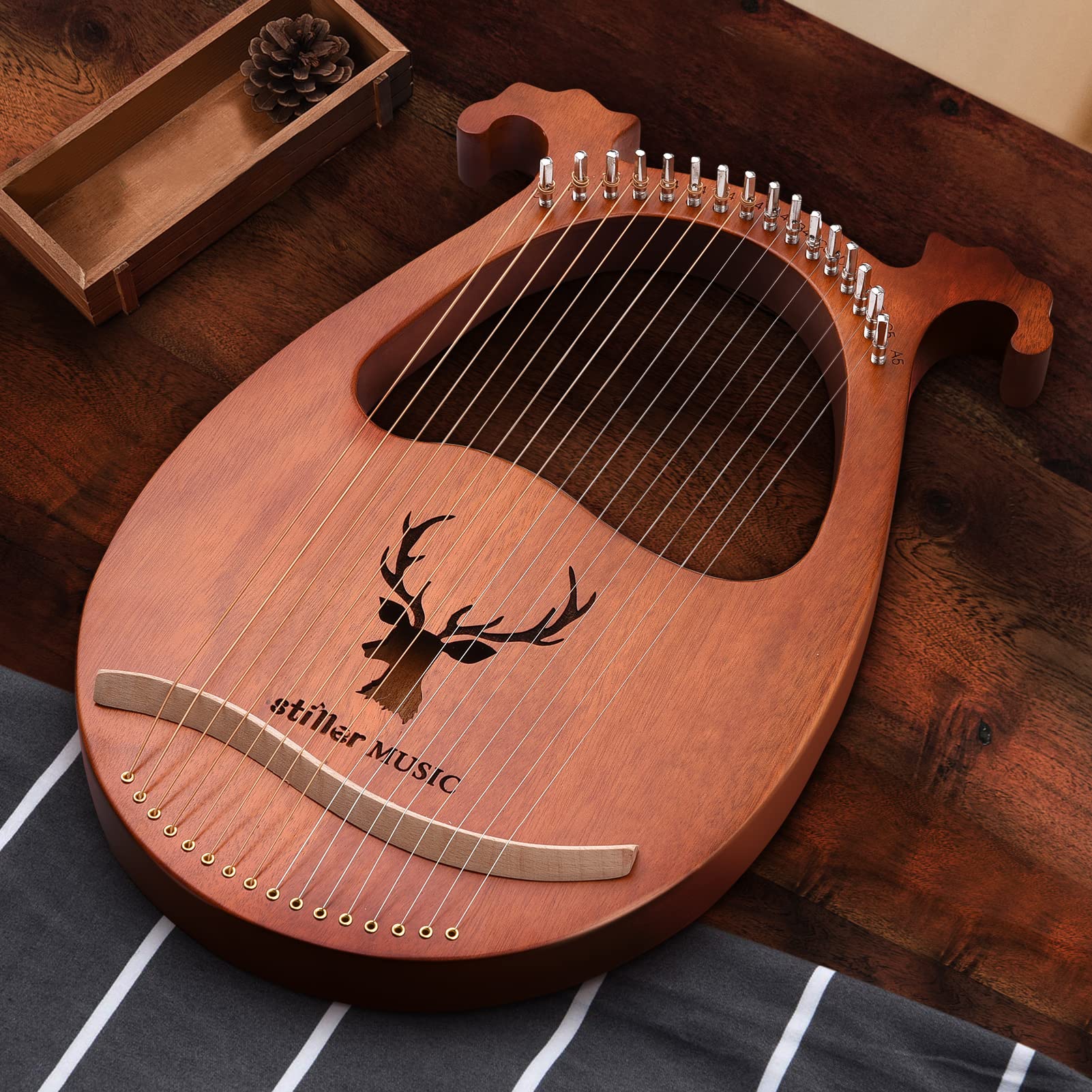 Jeffergarden Arpa de Lira de 16 Cuerdas, Instrumento Musical de Madera Maciza con Patrón de Alce, Símbolos Fonéticos Tallados, Martillo de Afinación y Juego de Repuesto de Cuerdas, para