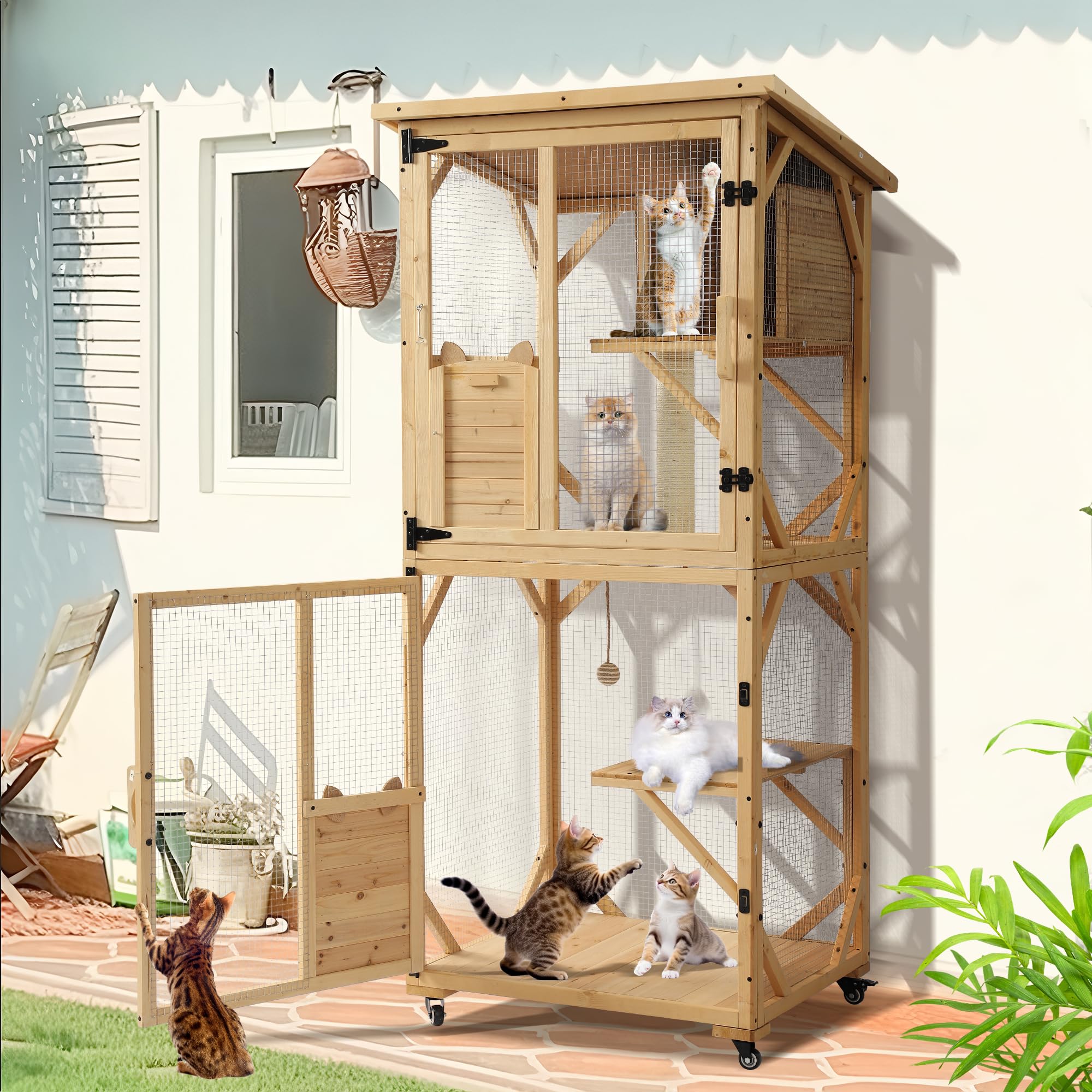 TITIMO 71" Catio Cat Enclosure Window, Large Outdoor/Indoor Cat House for Multiple Cats, Wooden Kitty Condo W/Waterproof Roof, Platforms, Resting Box,