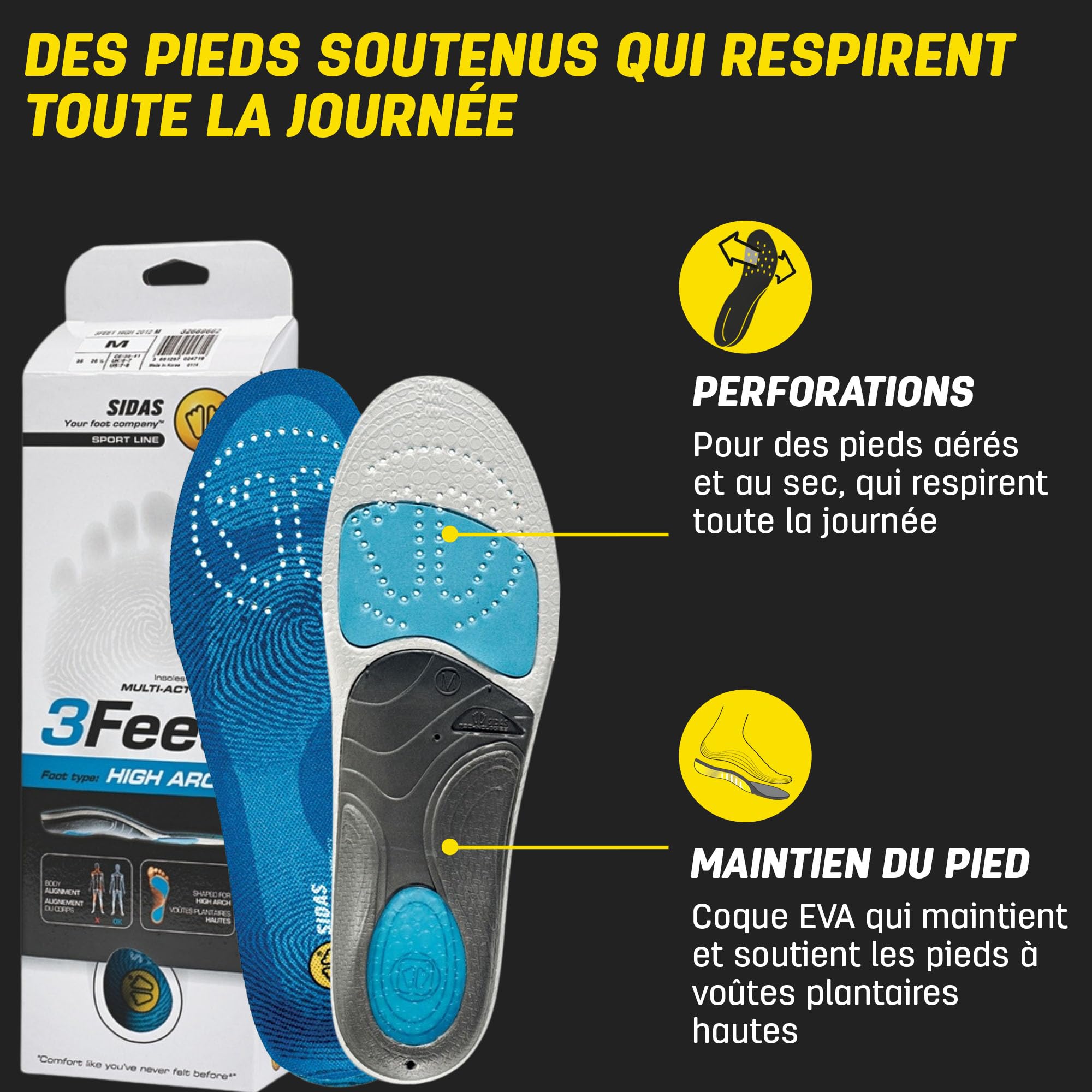 Sidas Semelles 3Feet High, Chaussures du Quotidien, Homme et Femme, Pour Voûte Plantaire Haute, Absorption des Chocs, Confort Durable toute la journée