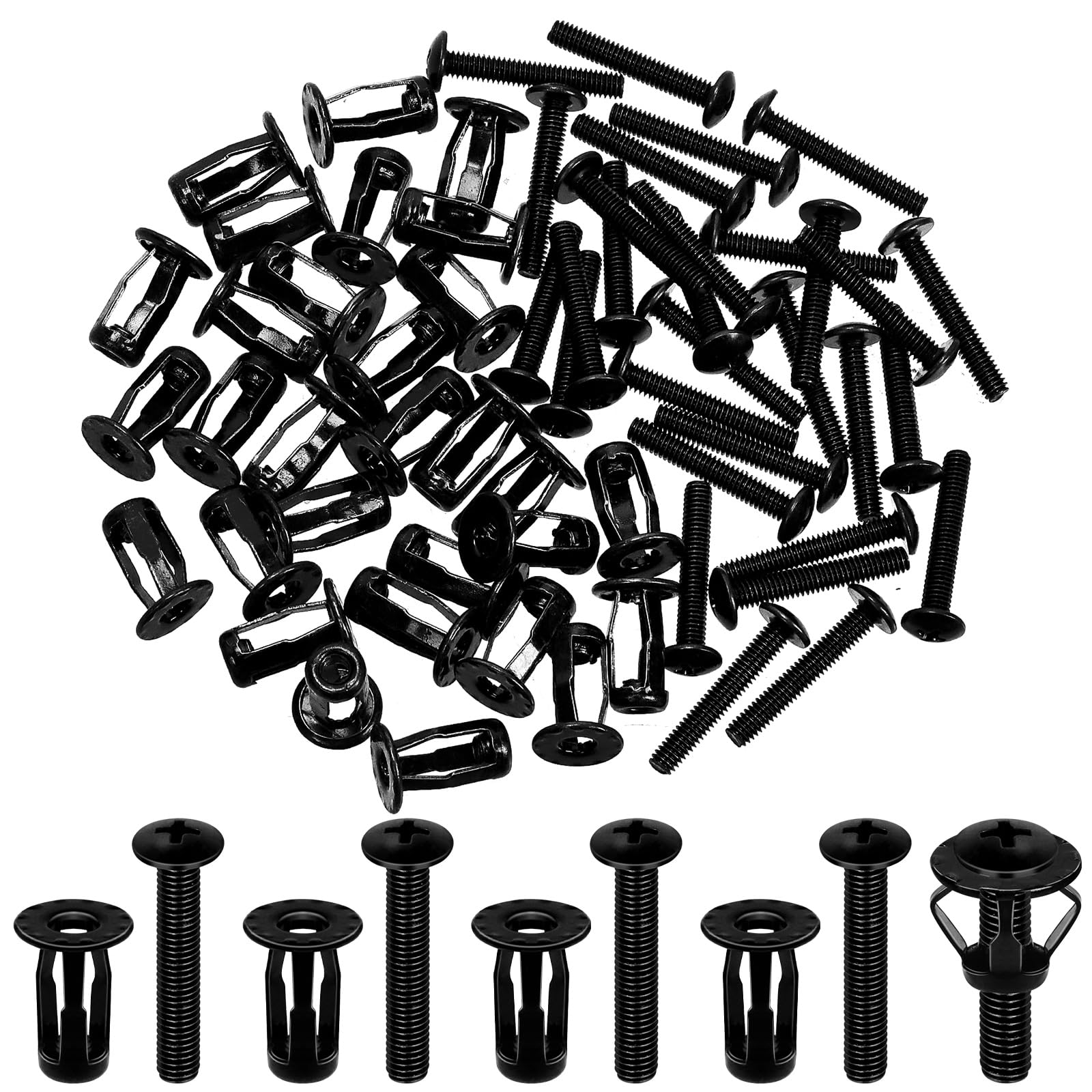 Glarks 60pcs M4 Jack Nut and Flat Head Phillips Machine Screws Kit, Black Jacknut Screw Anchor, Threaded Insert Petal Nut, Expansion Nut for Plastic Polywood Pressboard Hardboard