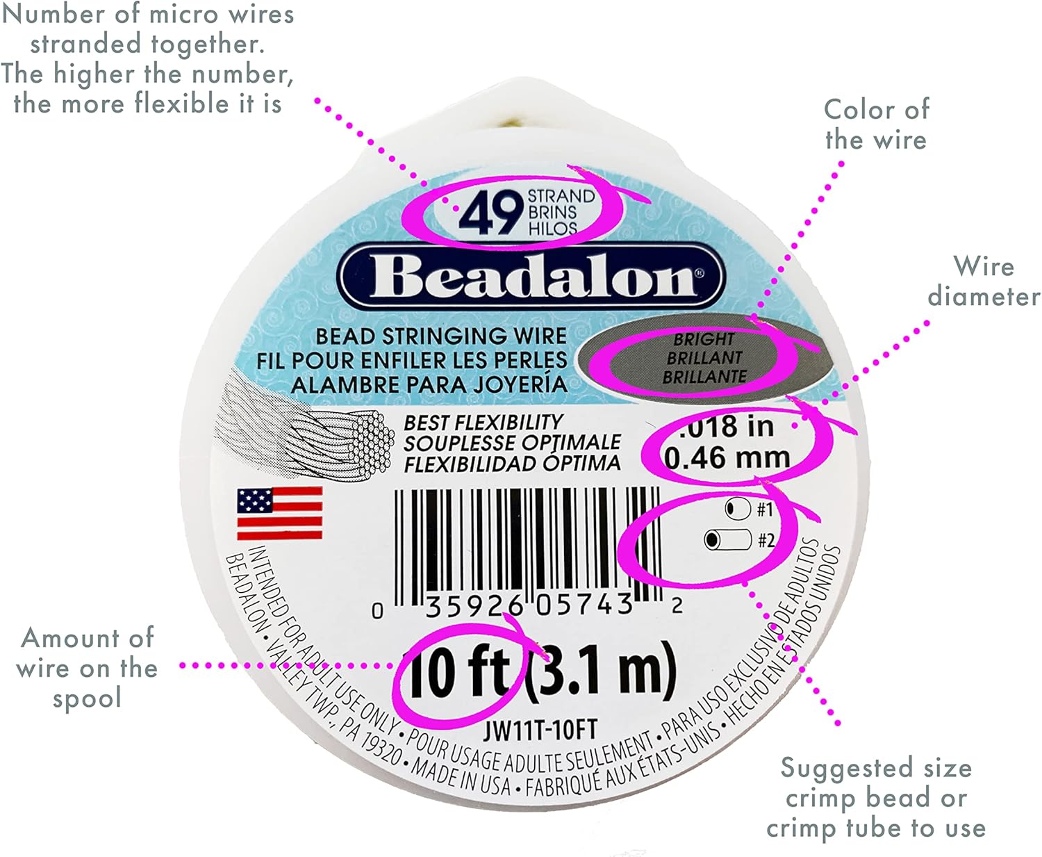 Beadalon 9,2 M X 0,91 Mm Diamètre De Fil 49 Brins Brillant