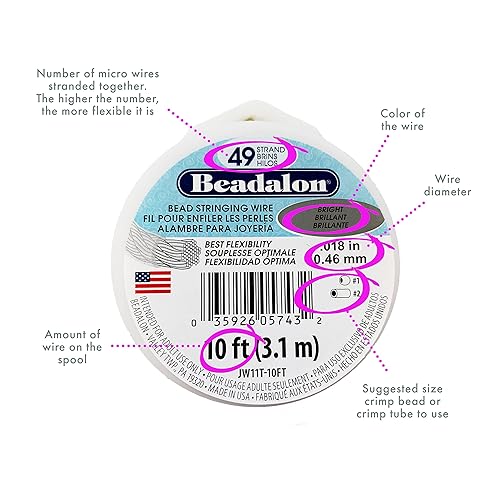 Miniatura 3 de Beadalon Alambre de cuerda de cuentas de acero inoxidable de 49 hebras, 0.036 pulgadas  0.036 in, negro, 100 pies  101.7 ft