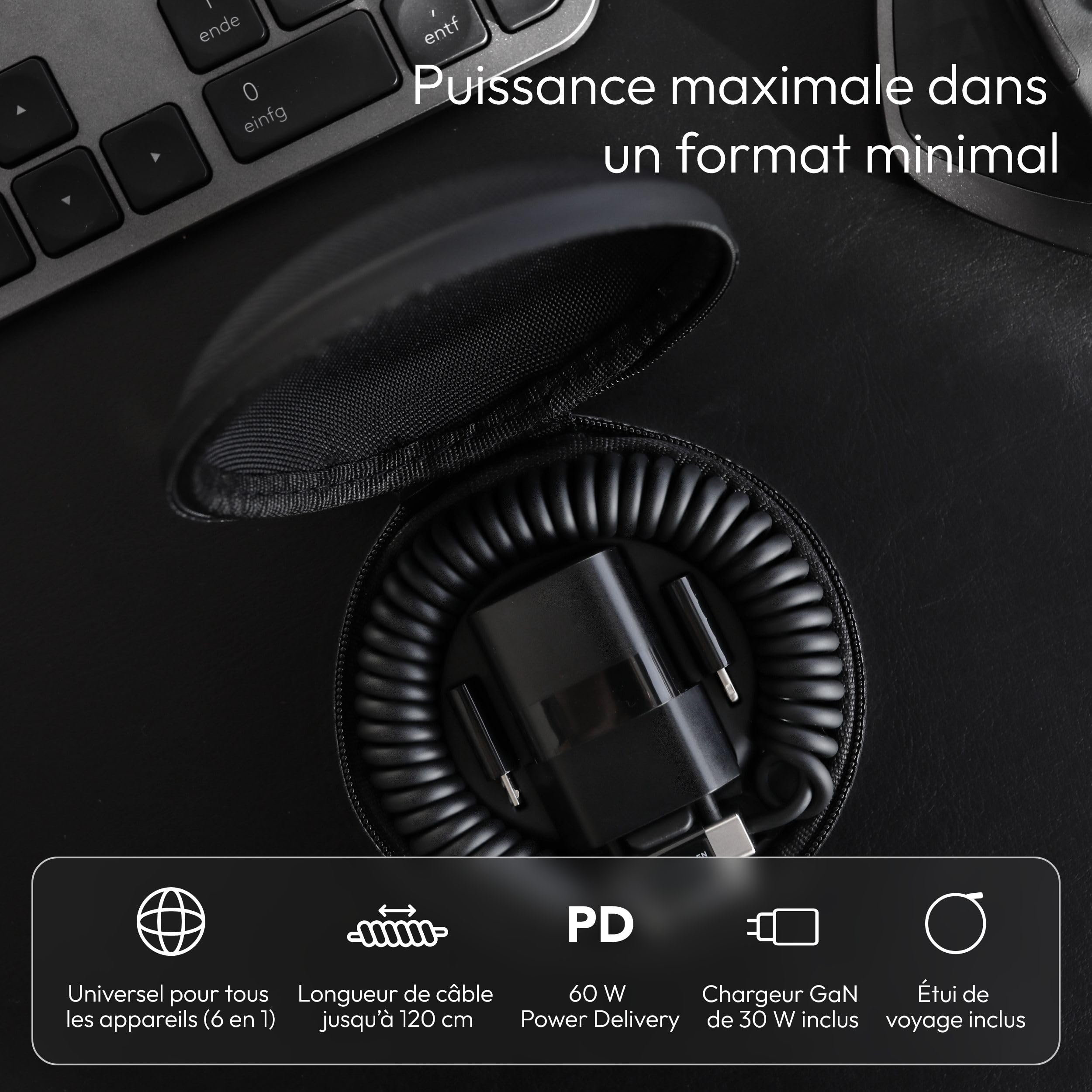 VONMÄHLEN allroundo GaN - Chargeur rapide 30 W avec technologie GaN, compatibilité USB-C universelle, étui de voyage inclus - Noir