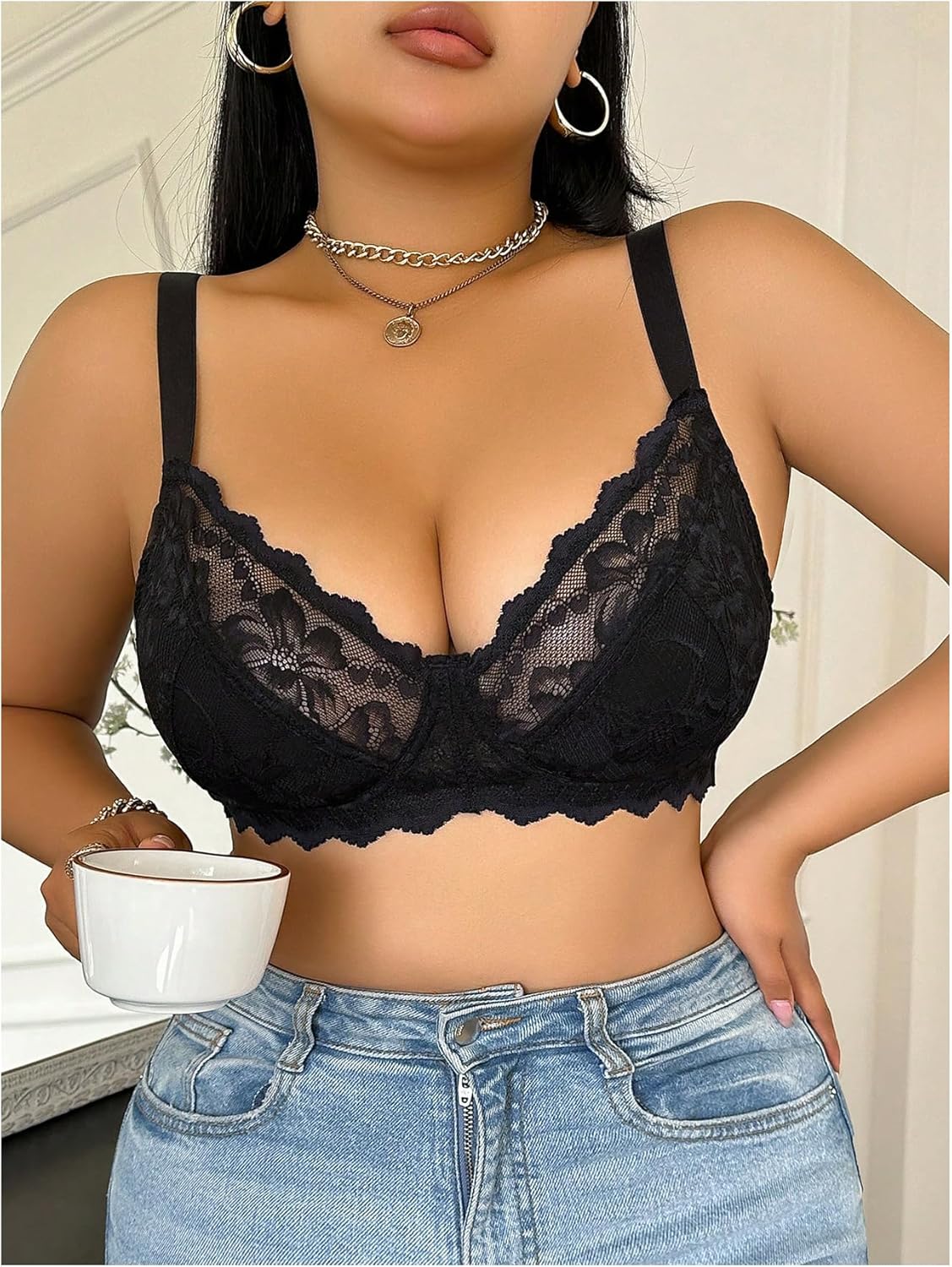 MakeMeChic Women's Plus Size Floral Lace Bra Push Up Underwire Scallop Bras - Image 5