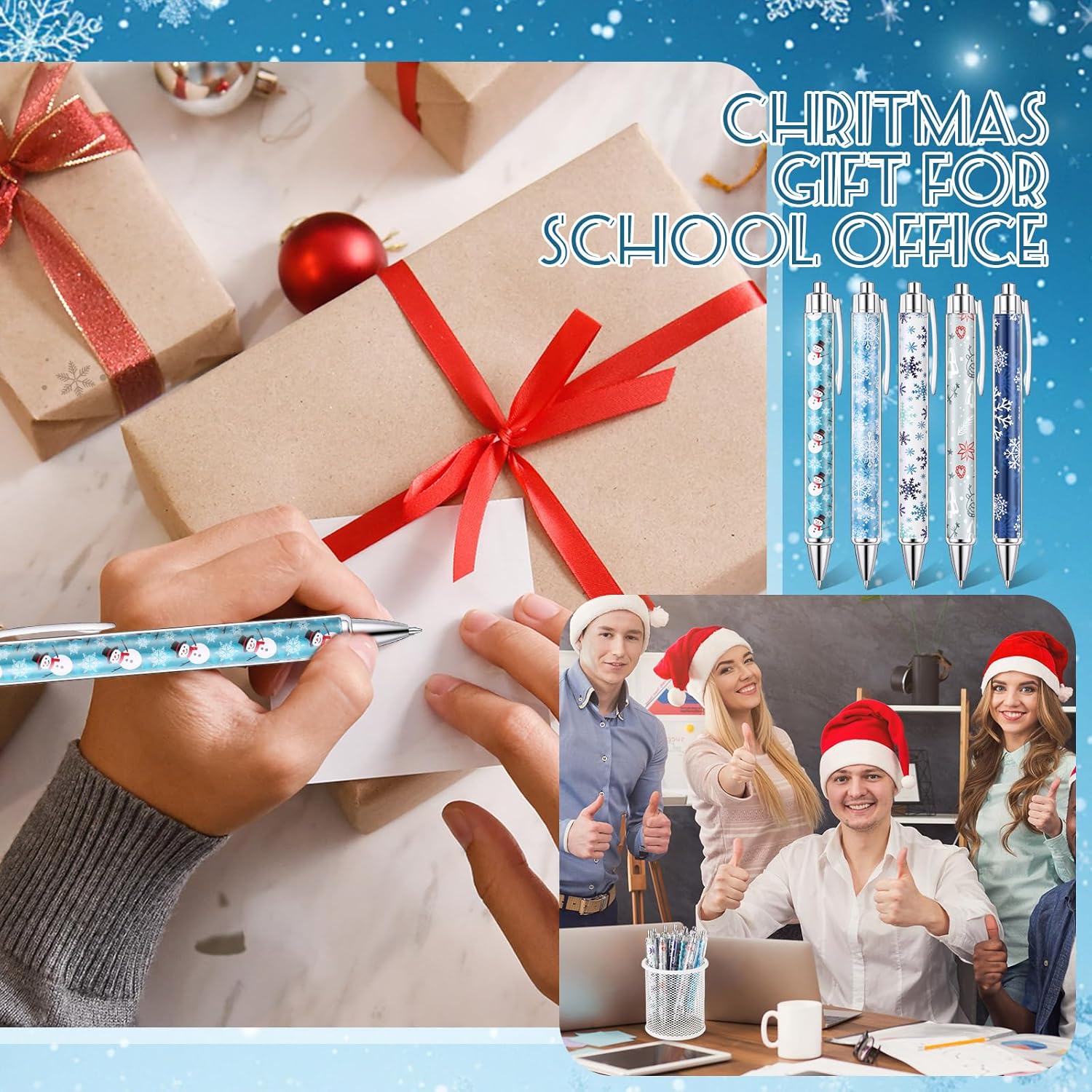 Tenceur 100 Pcs Christmas Ballpoint Pens Bulk with Black Ink, Winter Snowflake Xmas Rollerball Pens for Adults Christmas Party Favors Gifts for Coworkers Office Favors Stocking Stuffers