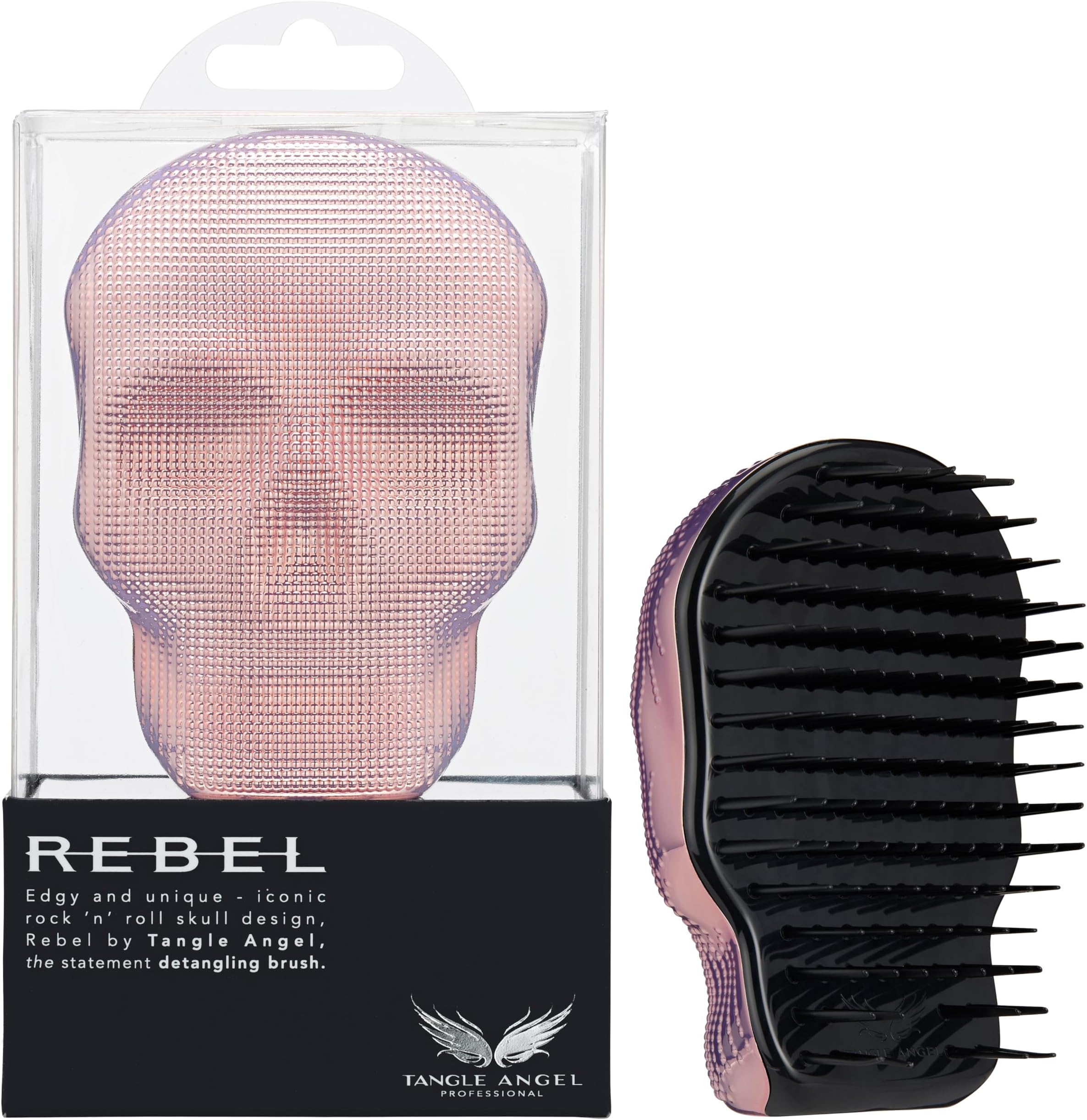 Tangle Angel Hair Brush Detangler - Anti Static Smoothing Extension Brush for Fine, Thick, & Curly Hair - Rebel Skull Shaped Detangling Hairbrush for Styling, Shower & Blow Drying - Pink Chrome