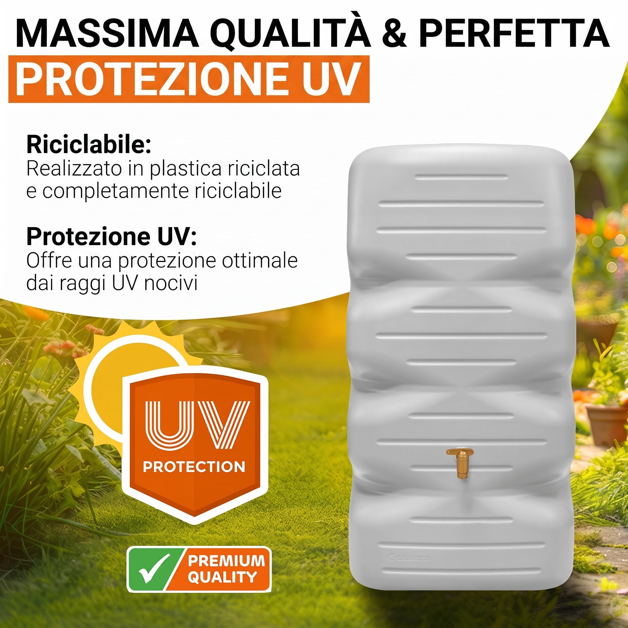 GARANTIA CUBUS serbatoio da giardino set completo 340 litri grigio cemento incl. rubinetto in plastica e raccordo pluviale - pronto al collegamento - design compatto elegante - riempimento automatico