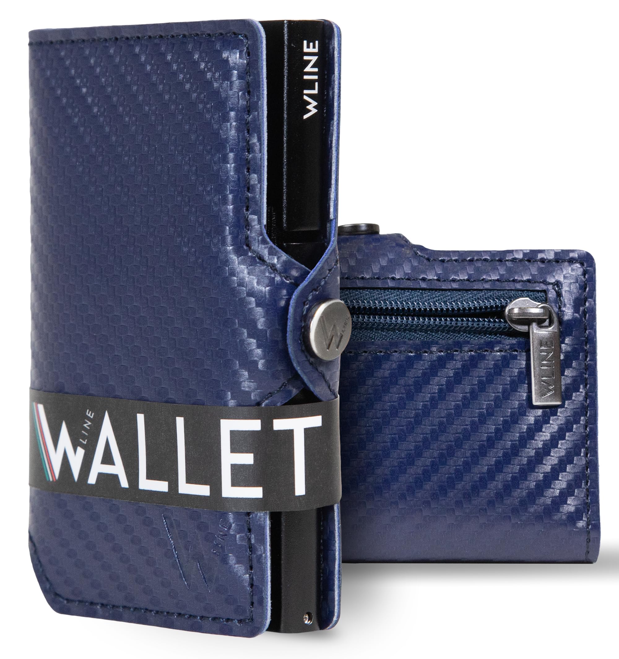 WLine Portafoglio Uomo Slim con Portamonete Rfid Compatto ed Elegante - Porta Carte di Credito Uomo e Donna Schermato in Fibra di Carbonio - Portatessere Uomo Tascabile (Blu Carbon con Zip)