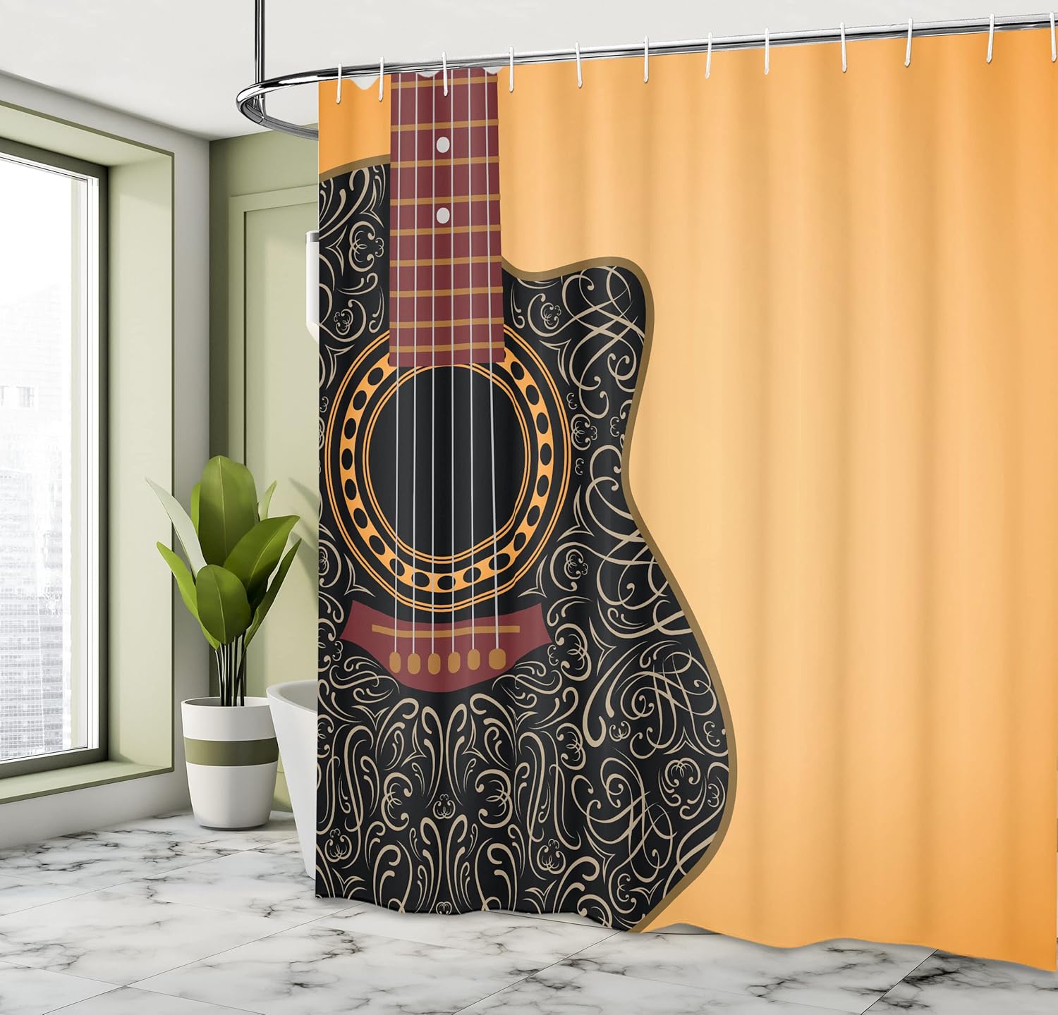 Ambesonne Guitar Shower Curtain, Clipped Guitar with Vintage Floral Folk Ornaments Musician Hobbies, Cloth Fabric Bathroom Decor Set with Hooks, 69" W x 70" L, Pale Orange Black Maroon