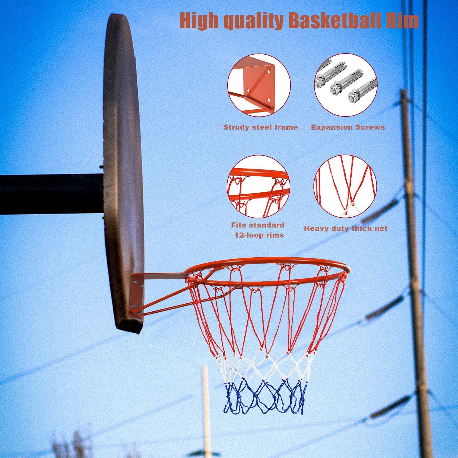 KOMFOTTEU Cesta de baloncesto de pared con malla de nailon y marco de metal, diámetro de 45 cm, para deportes de interior y exterior