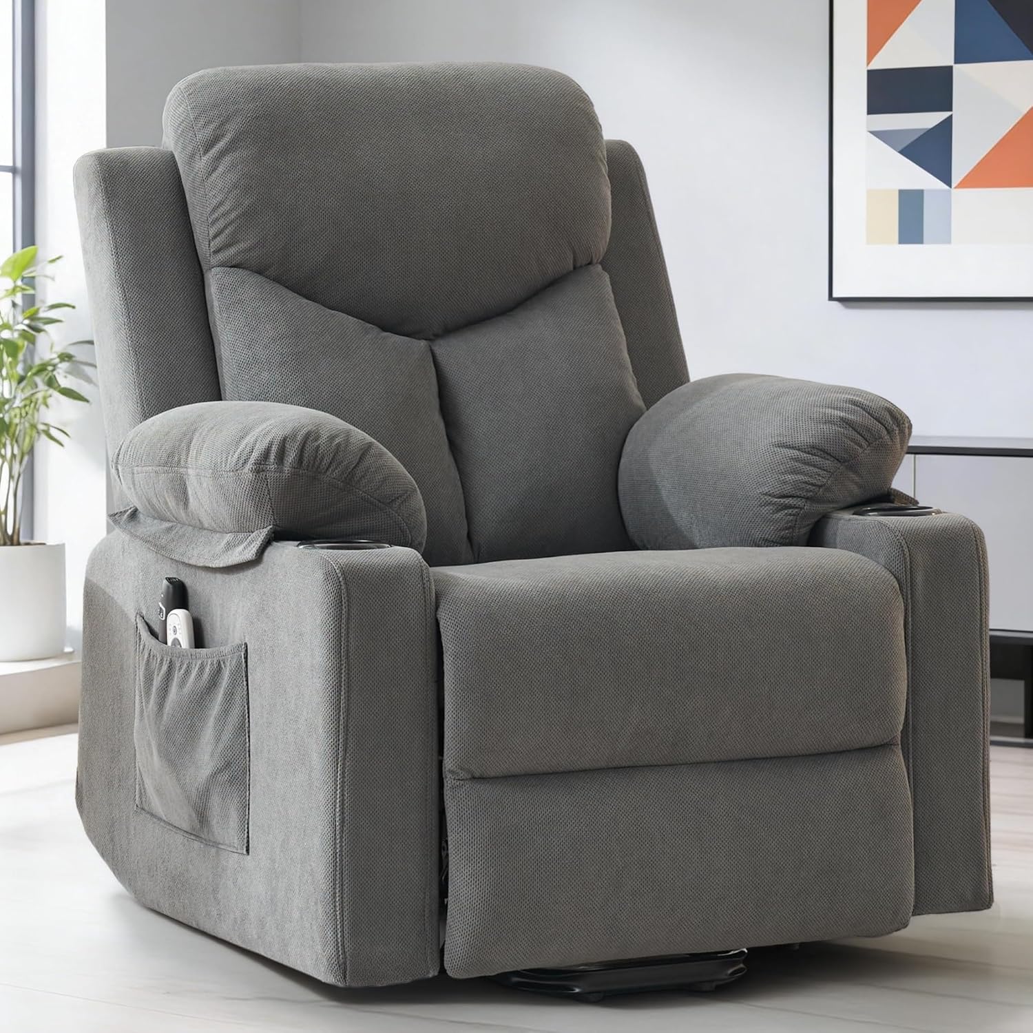 Living Room Electric Lift Chair with Massage and Heat for Elderly Power Lift Recliner Chair Darkgray with Side Pockets Recliner Chairs USB & Type-C Ports with Remote