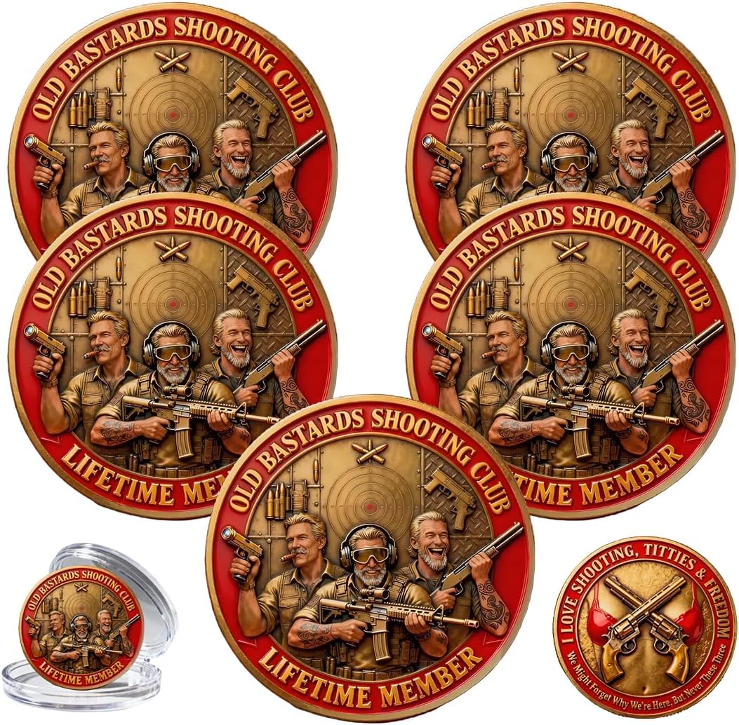 Old Bastards Shooting Club Commemorative Coin, I Love Shooting Freedom Funny Double Sided Vintage Shooting Challenge Coin,Lifetime Member Novelty Token for Men and Veterans (A-5PCS)