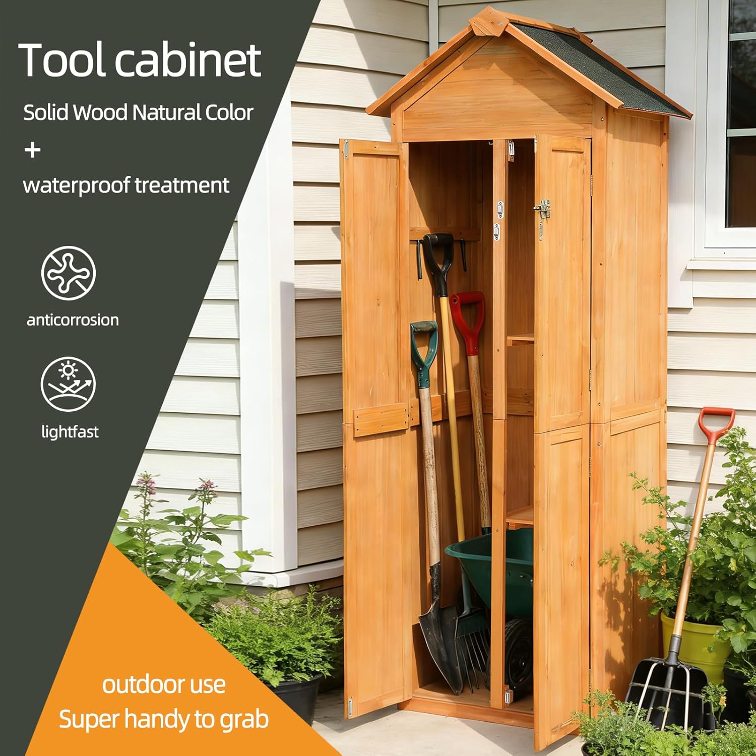 27.17x23.62x83.07 Vertical Water-Resistant Durable Solid Wood Lockable Doors Outdoor Storage Cabinet Golden Brown