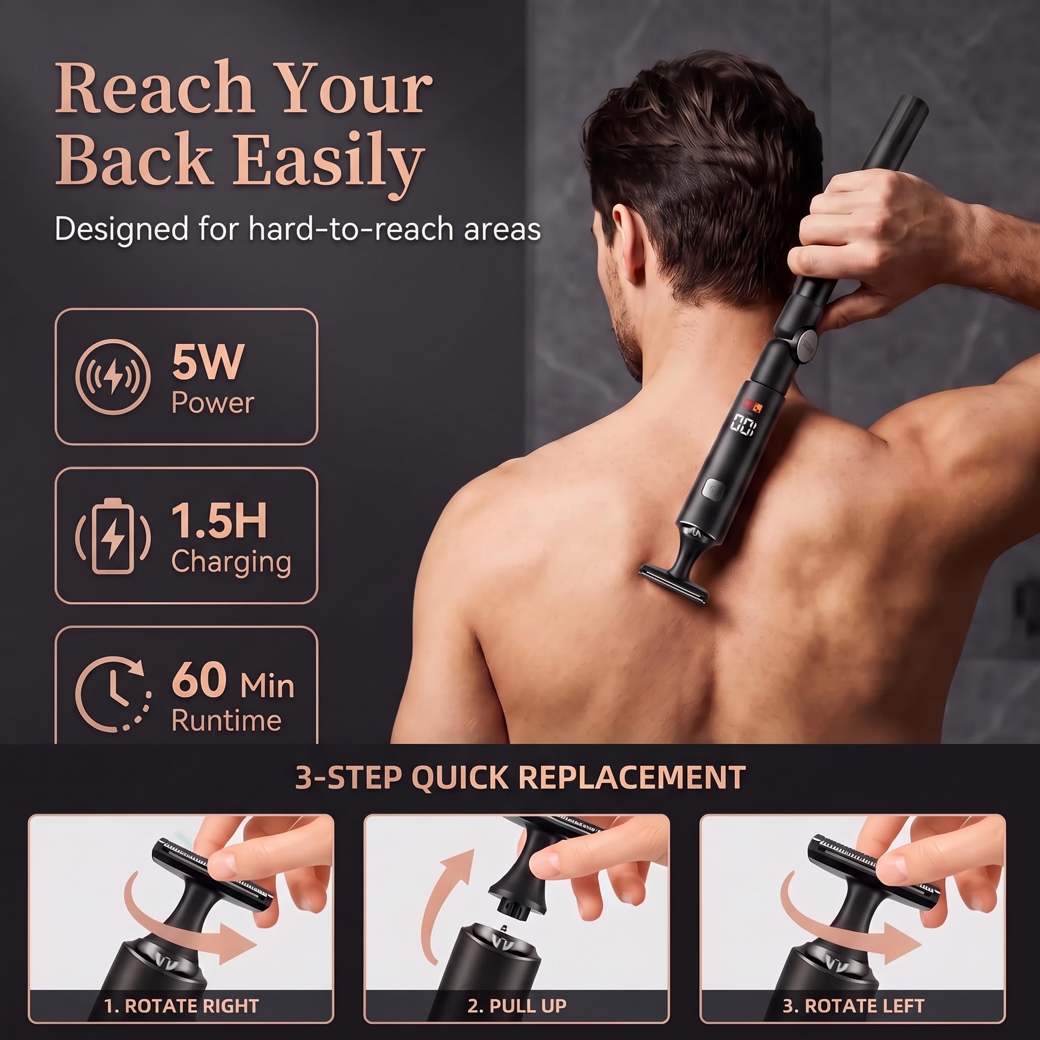 5 in 1 Rasoio Elettrico Corpo Uomo Manico Estensibile Rasoio Intimo Uomo
