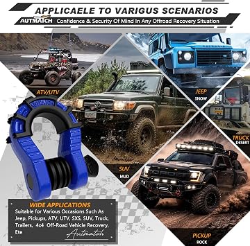 AUTMATCH 3/4 Mega D Ring Shackles (2-Pack) - 68,000 lbs Break Strength | Heavy Duty Clevis Shackle with 7/8 Pin & Isolator Washer Kit for Tow Strap, Winch, Towing & Off-Road Vehicle Recovery, Blue