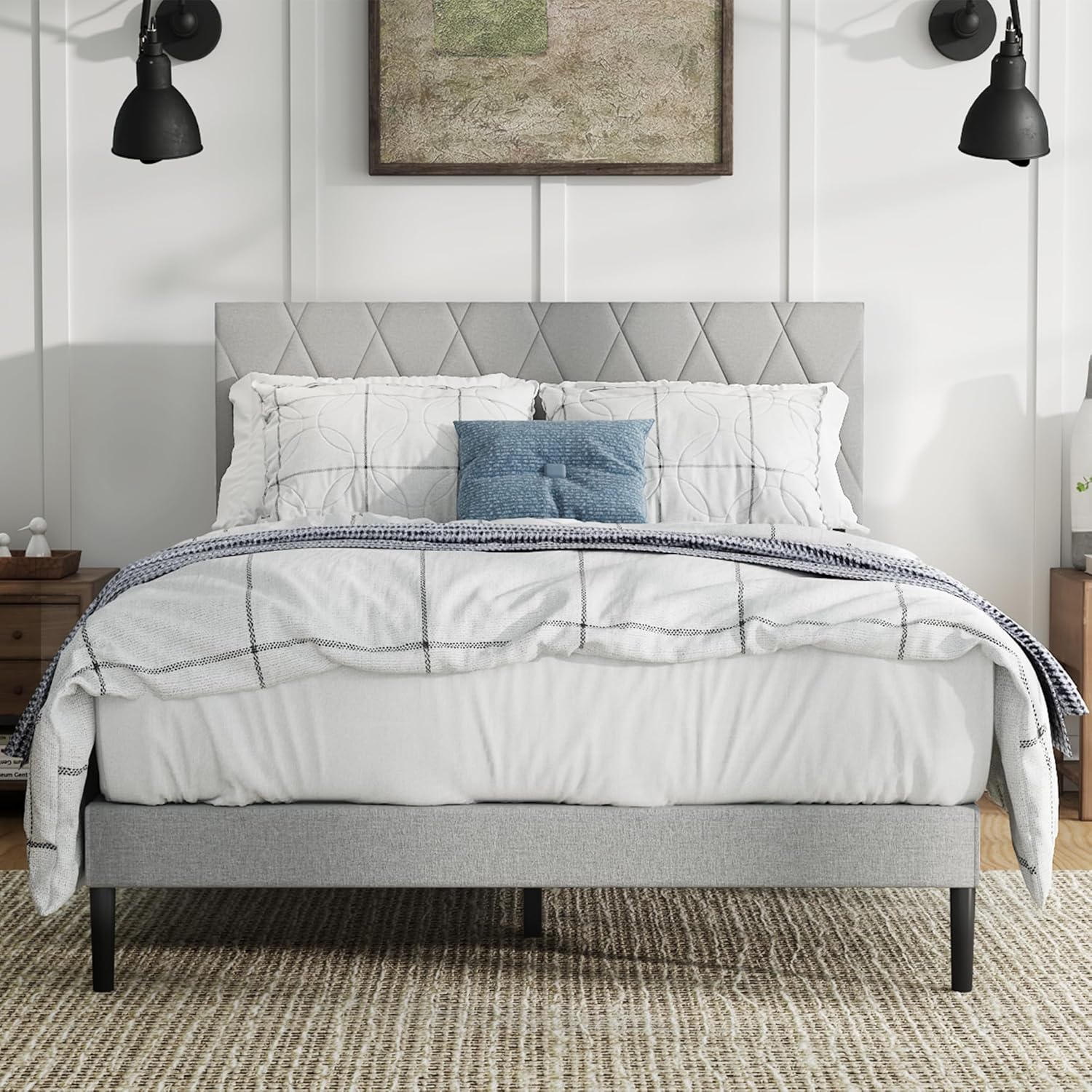 Full Size Velvet Platform Bed Frame with Upholstered Headboard, Sturdy Wooden Slats, No Springs Required, Easy to Assemble, Noiseless Sleep, Light Grey Light Grey Full