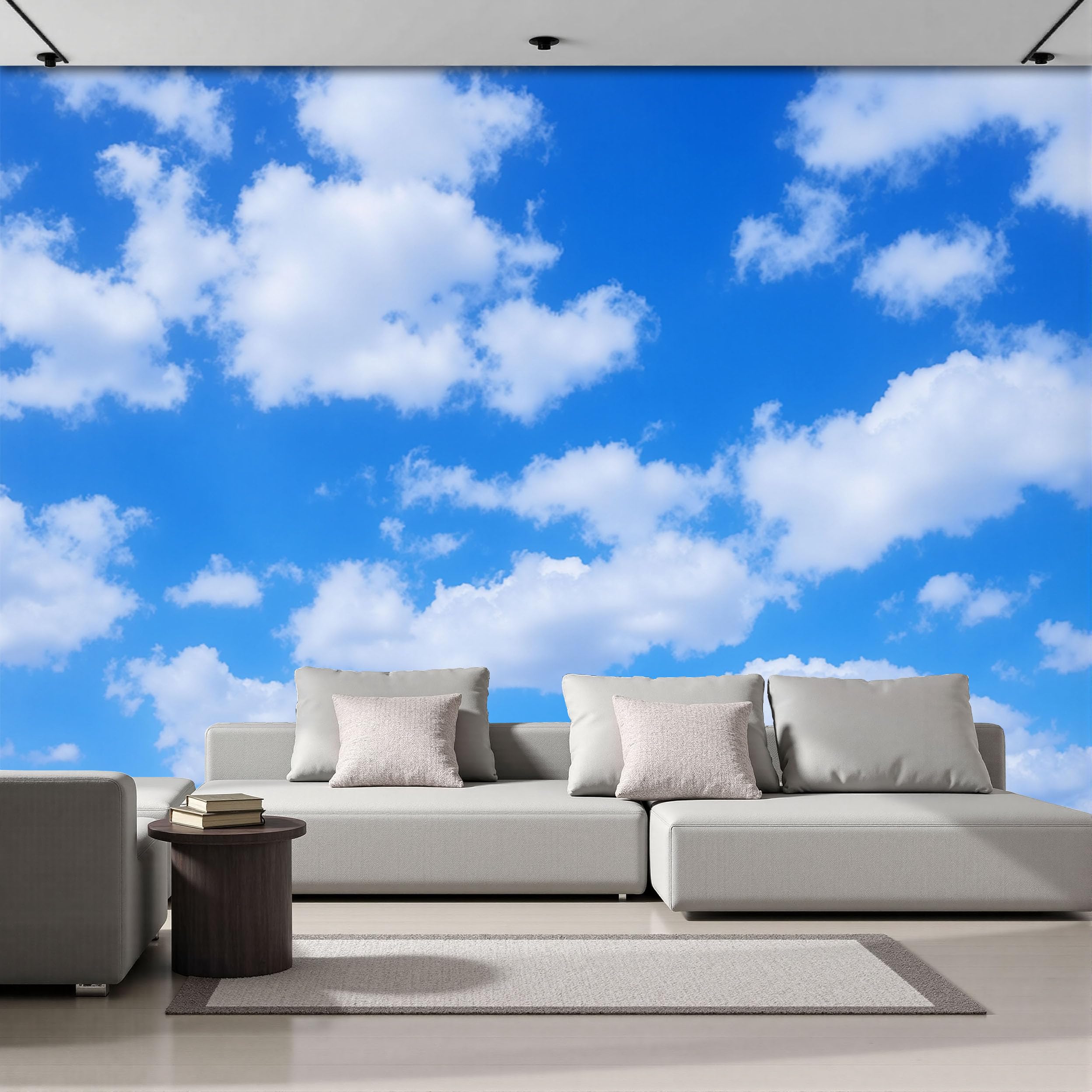 Papier peint intissé nuages pour masquer les défauts des grands murs de salon
