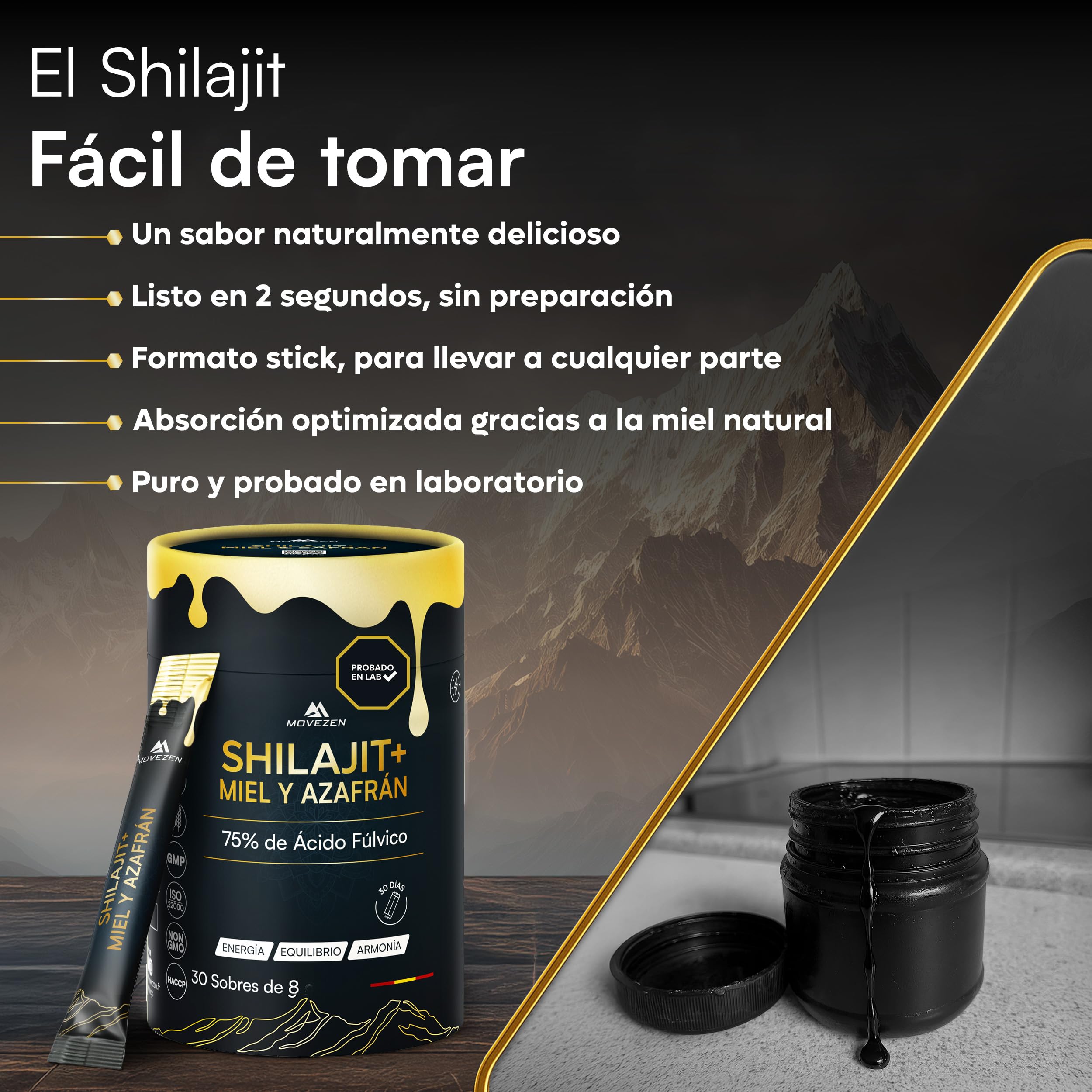Shilajit +, Resina auténtica 100% pura del Himalaya con miel y azafrán orgánico, energía duradera, vitalidad, concentración, 30 palos de 8 g, rica en ácido fúlvico y húmico, 85+ minerales
