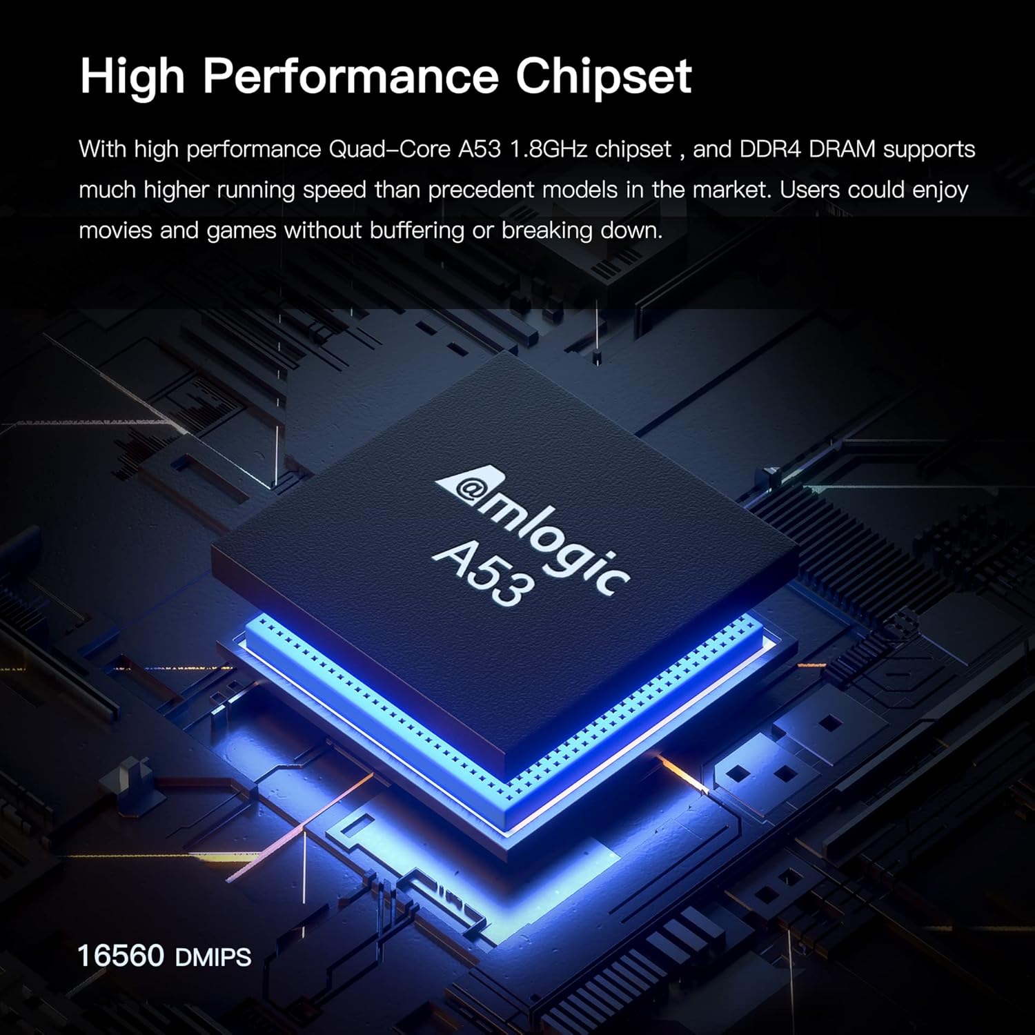 Nærbillede af Amlogic A53-chipsættet inde i enheden