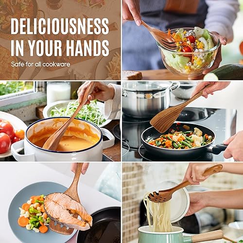 Miniatura 6 de MULBOM Juego de 5 cucharas de madera para cocinar, utensilios de cocina de teca natural, superficie antiadherente lisa, juego de utensilios de