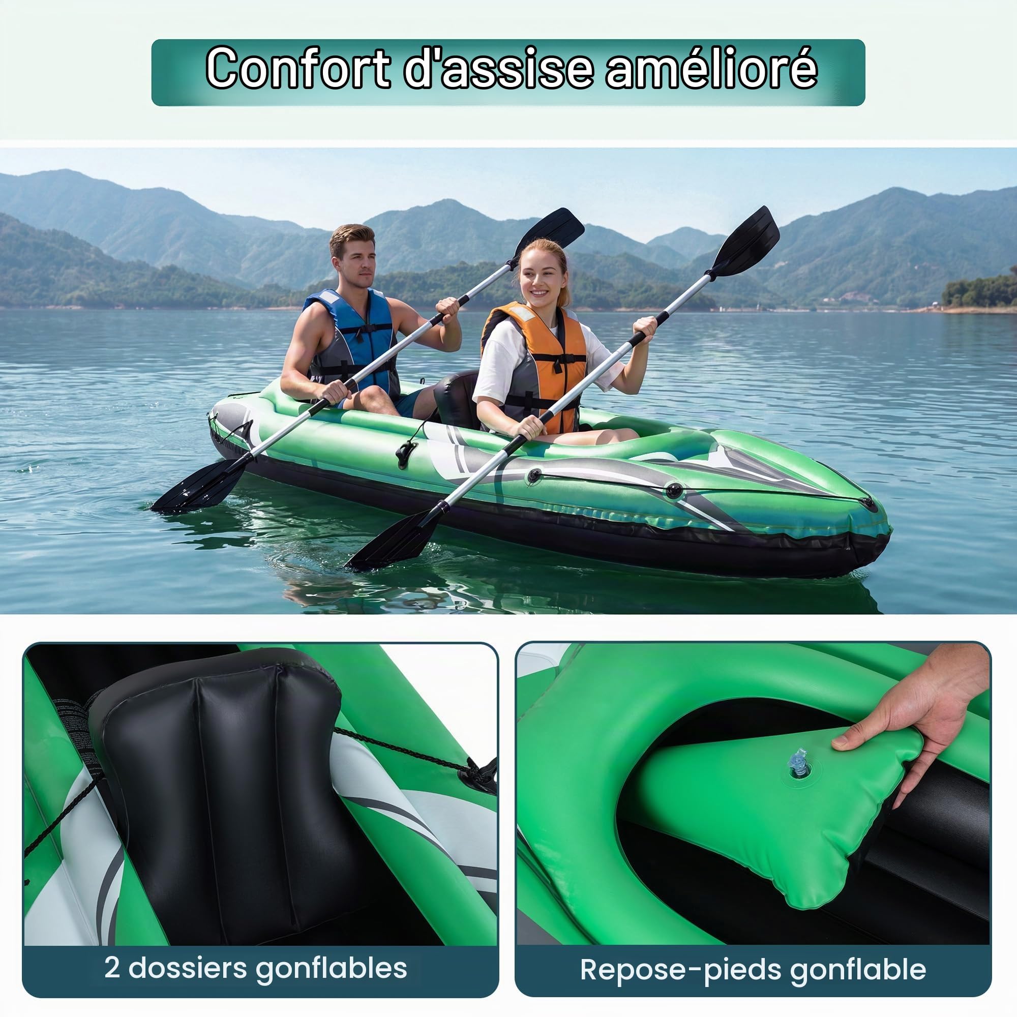 HOMASIS Kayak Gonflable 2 Places, Canoë Bateau Adulte en PVC avec Pagaie Aluminium, Pomp, Sièges, Charge160 kg, pour Pêche et Loisirs, pour Lacs et Rivières