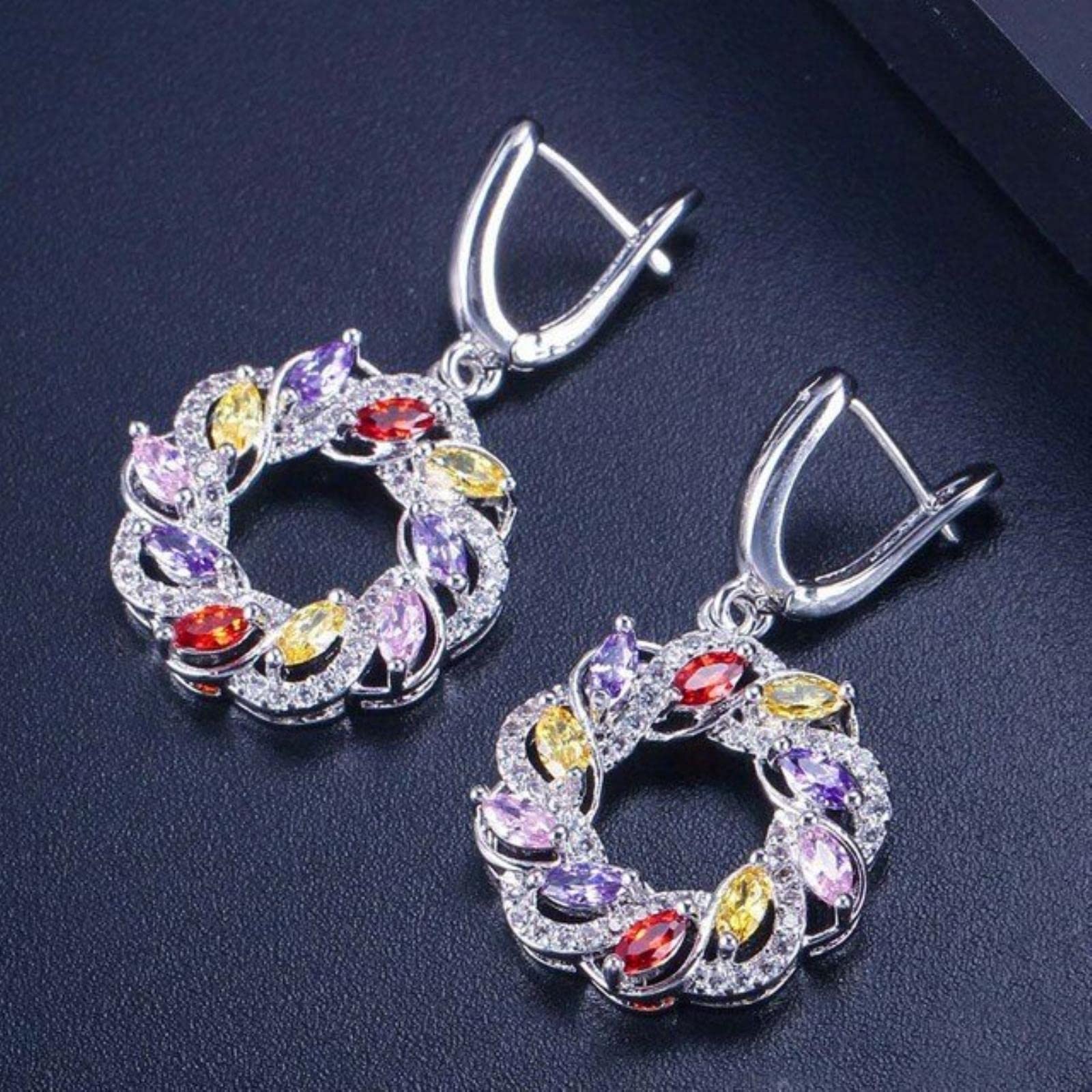 JFGCTYHXY Earrings, Zircons New Silver Color Green Blue Cubic Zirconia Crystal Long Dangling Round Big Hoop s For Women Jewelry(Colorful)