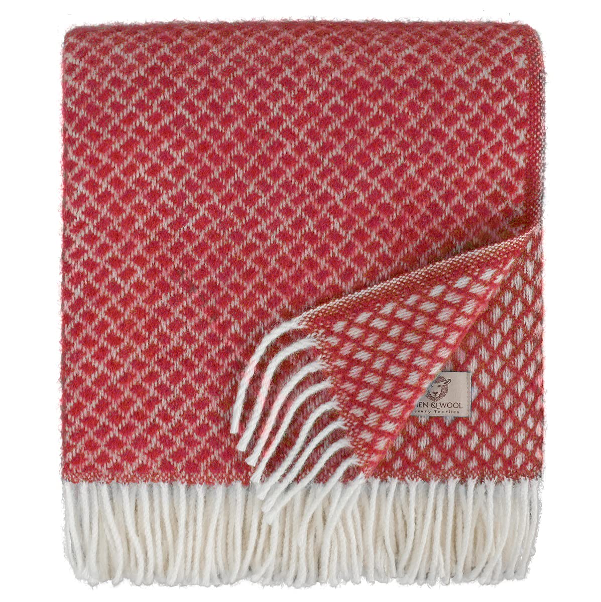 Linen & Cotton Suave y Cálida Manta de Lana Sofia con Flecos - 100% Pura Lana de Nueva Zelanda, Rojo (130 x 170 cm) Plaid Manta de Tiro para Sofa Cama Dormitorio Sala de Estar Adultos Mujeres Hombres