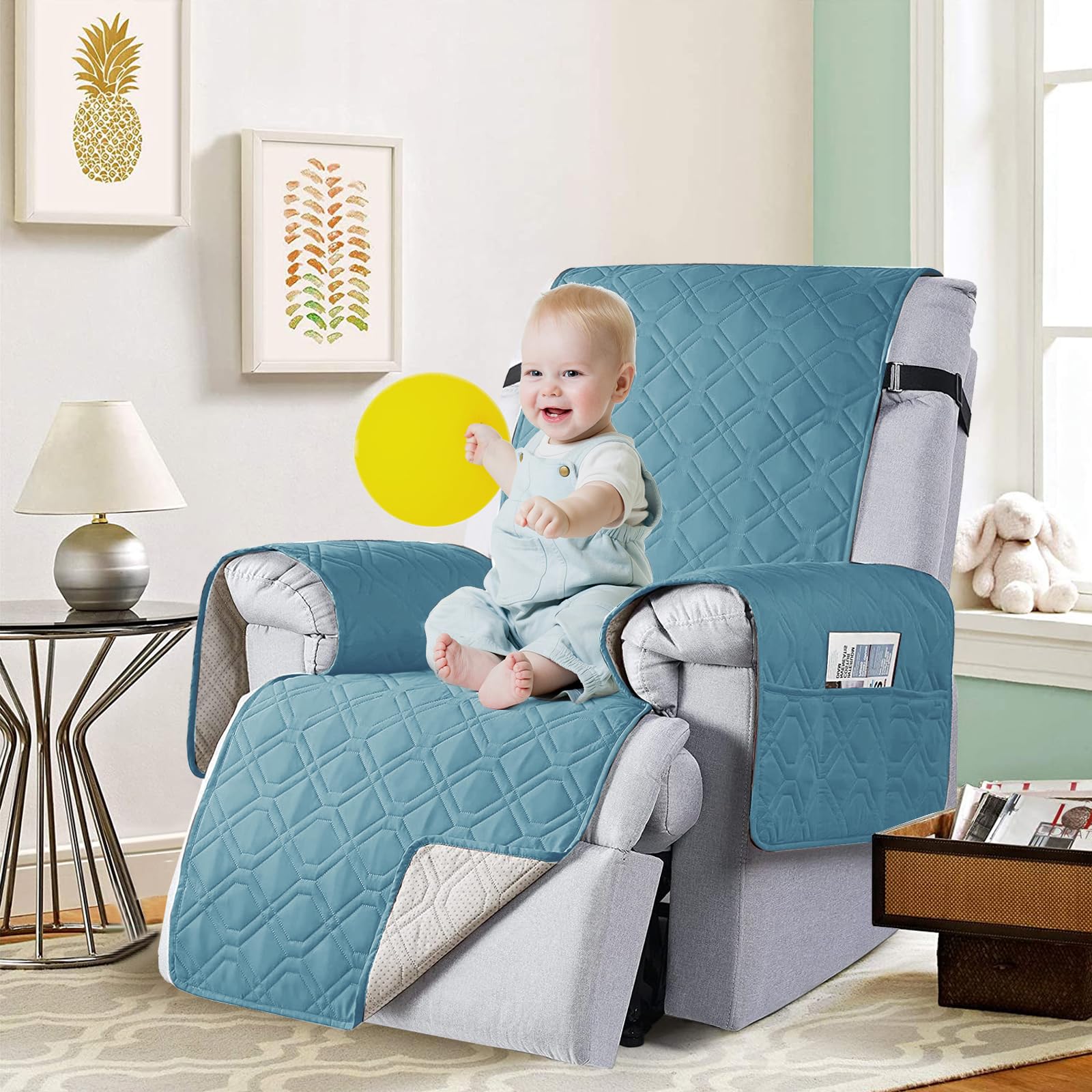100% Waterproof Recliner Chair Cover with Pockets, Elastic Strap, Non-Slip Chair Cover for Recliner Armchairs, 1 Seat Recliner Sofa Cover, Anti-fouling Recliner Covers for Kids, Dogs, Pets (Gray Blue) - Image 2