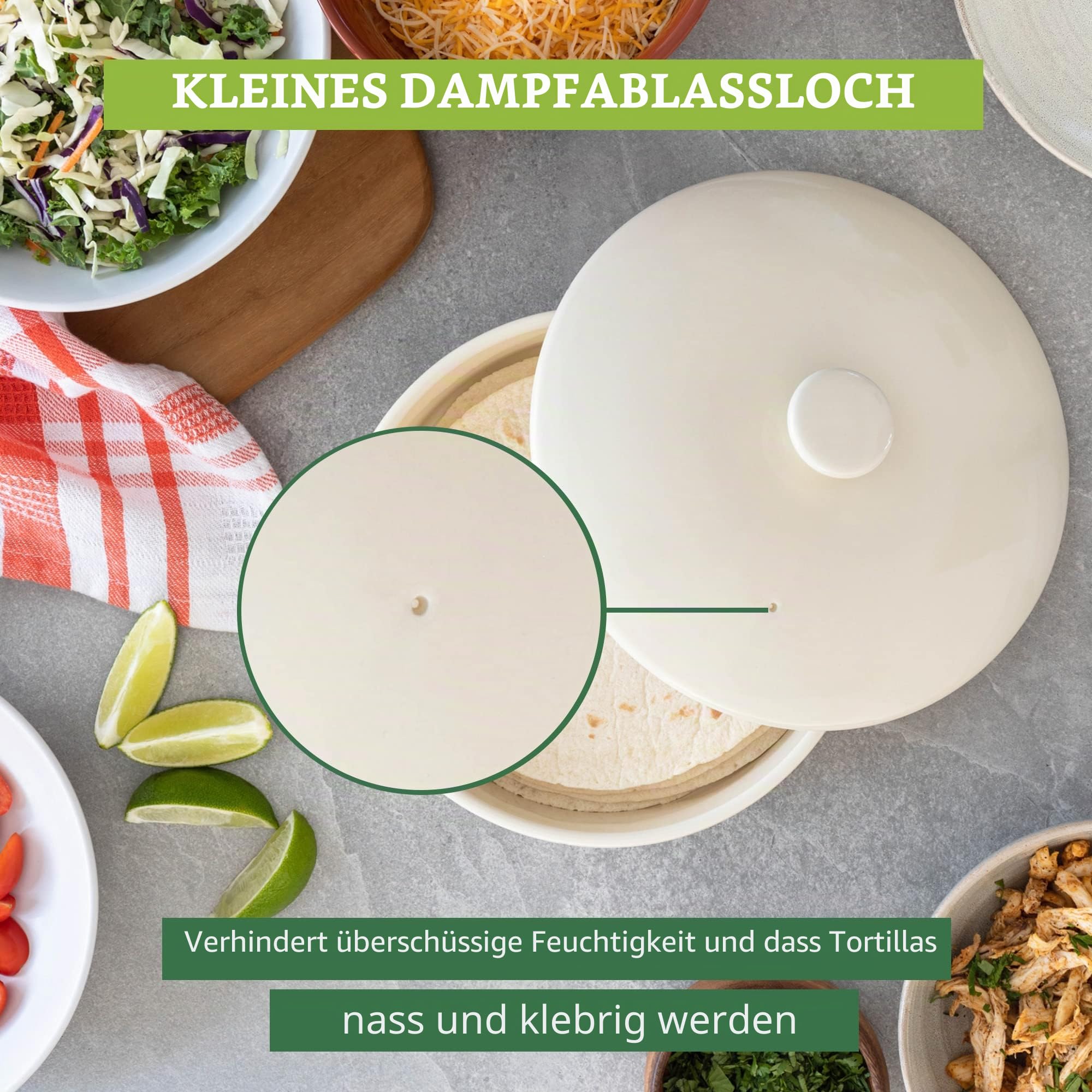 Tortilla Warmer – Wärmebehälter – Tortilla Warmhalter aus Keramik – Tortilla Wärmer - Backofen- und Mikrowellengeeignet - Geeignet als Rotibox und Tortilla Halter (Creme, 20 cm)