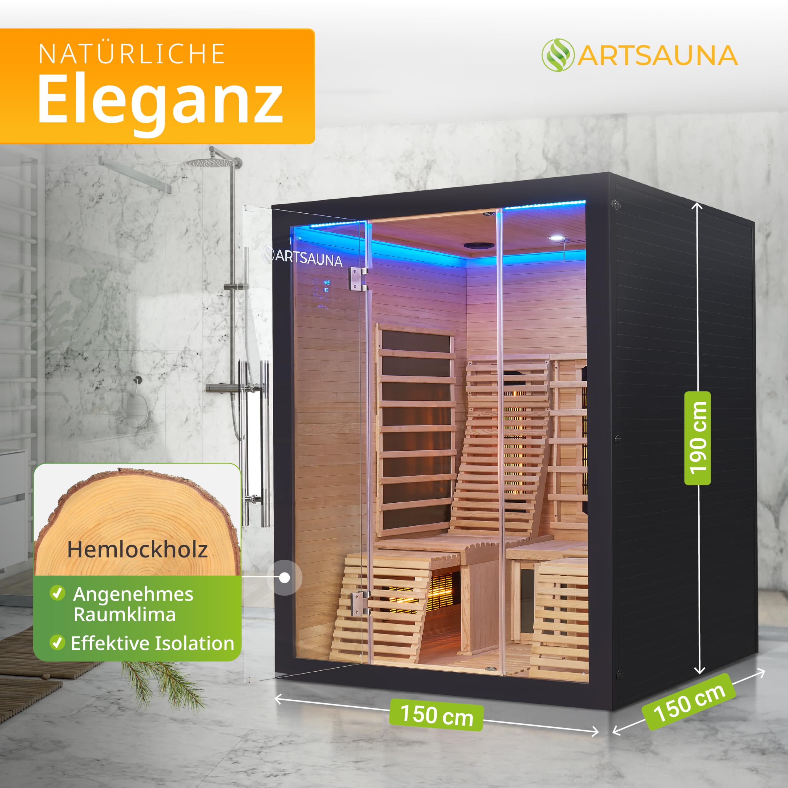Artsauna Infrarotkabine Helsinki 150 Dual Technologie, LED - Infrarotsauna 150x150 cm - 1 Bank, 2 Liegen für 3 Personen - Wärmekabine Schwarz Black
