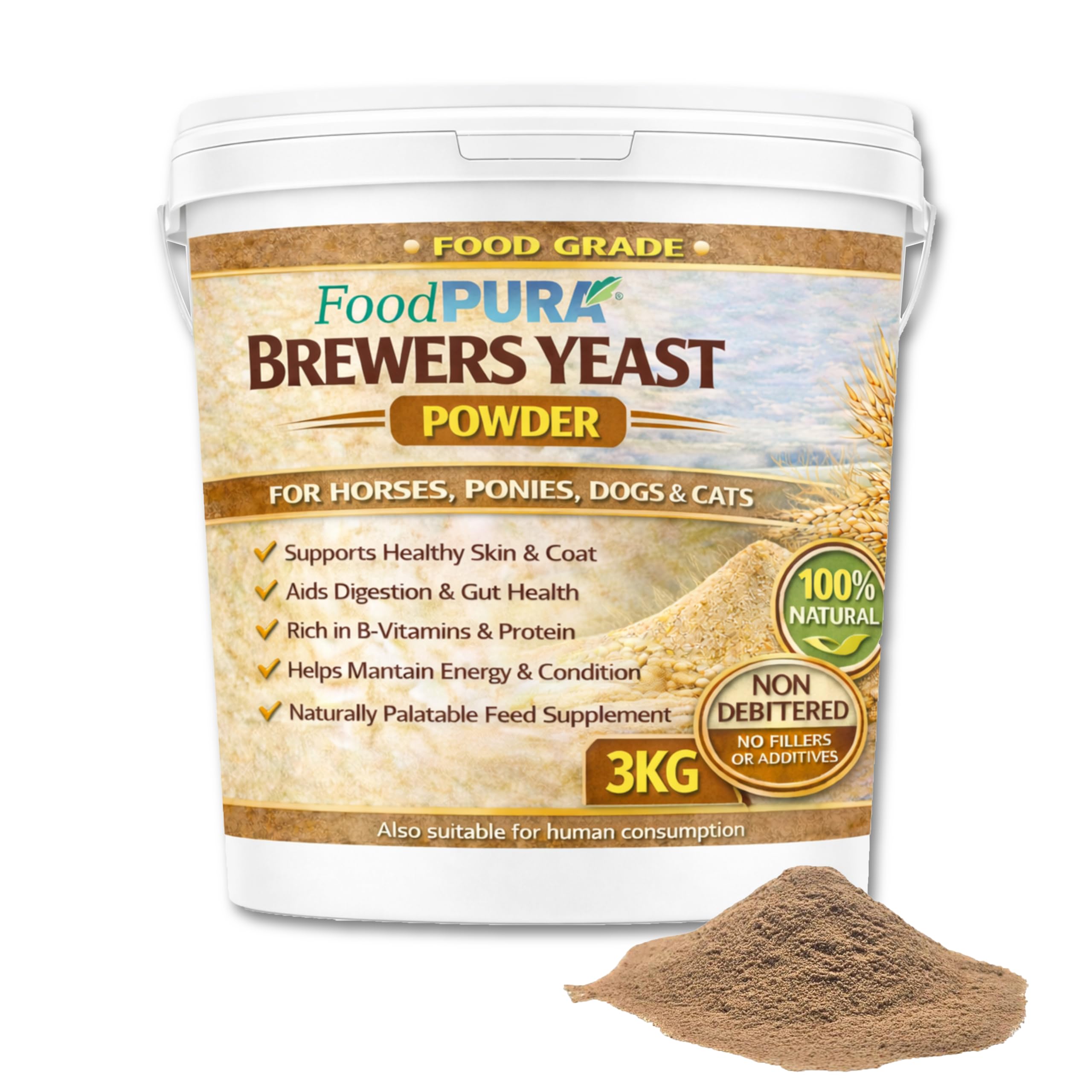Food PURA Brewers Yeast Powder 3KG Bucket Non De Bittered 100% Natural, Pure, Safe & Effective - For Horses, Ponies, Dogs & Cats Supports Healthy Skin, Coat & Digestion Human FOOD Grade!