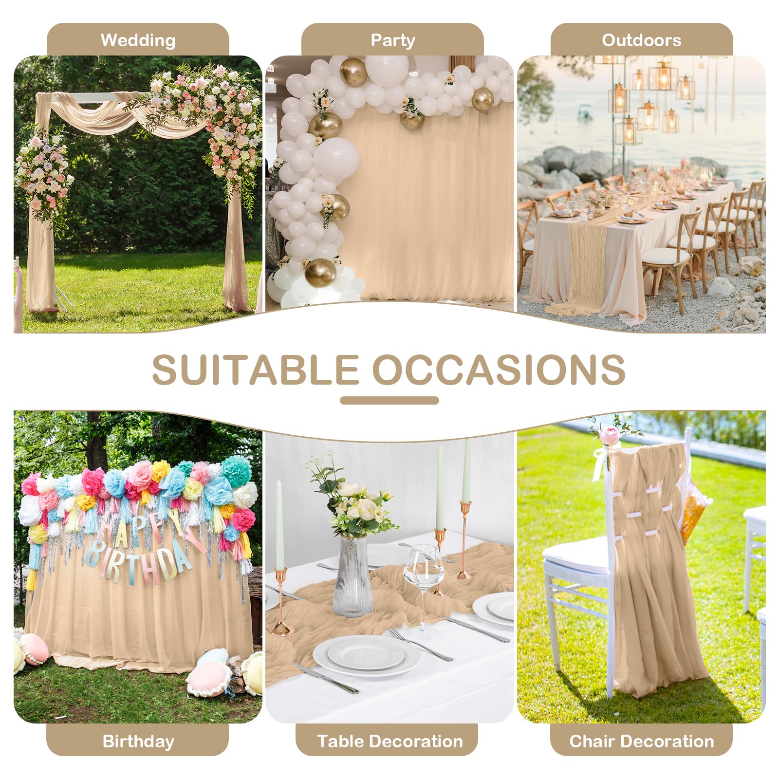 Runner da Tavolo Champagne, 8 Pezzi 90x300 cm FoiiLiio Runner da Tavola in Mussola per Matrimoni per Matrimoni, Decorazioni per Baby Shower, Compleanni, Feste