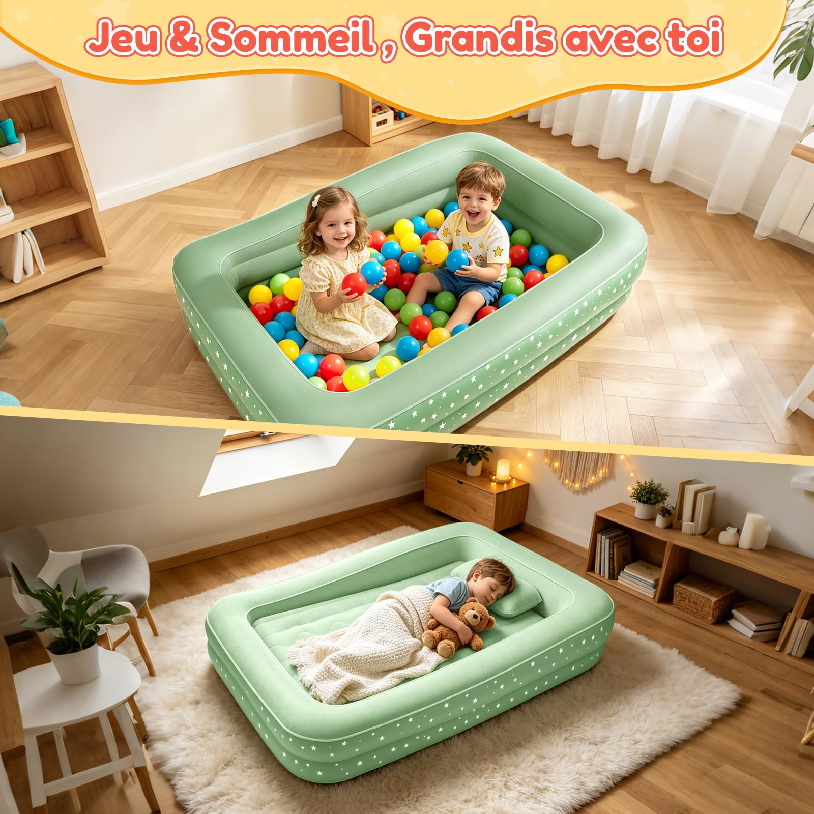 IEEILULU Matelas Gonflable Enfant, Lit Gonflable Enfant avec Rebord, Pompe Électrique, Oreiller, Lit de Voyage Floqué Gonflage Rapide pour Voyages Camping ou la Maison (Vert)