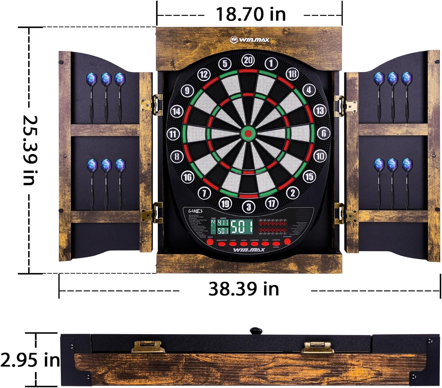WIN.MAX Electronic Dart Board Soft Tip Dartboard Set LED Displays 3 Languges with Cabinet