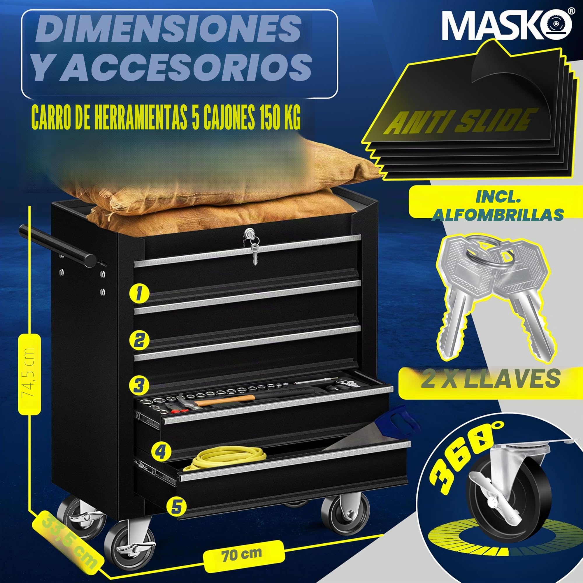 Masko® - Carro de taller con ruedas, carro de herramientas, caja de herramientas, 5 y 7 compartimentos